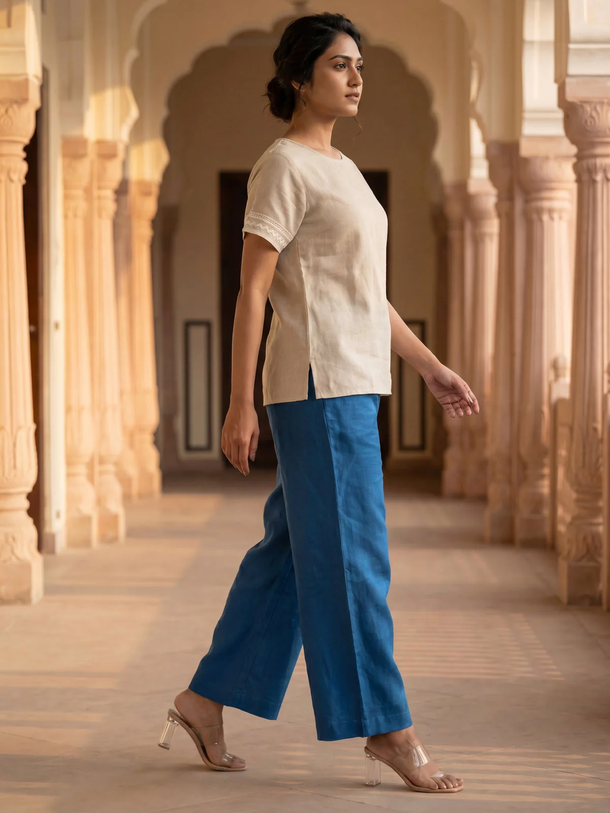 Beige-Cs Blue Linen Cotton Co-Ord Set - Image 2