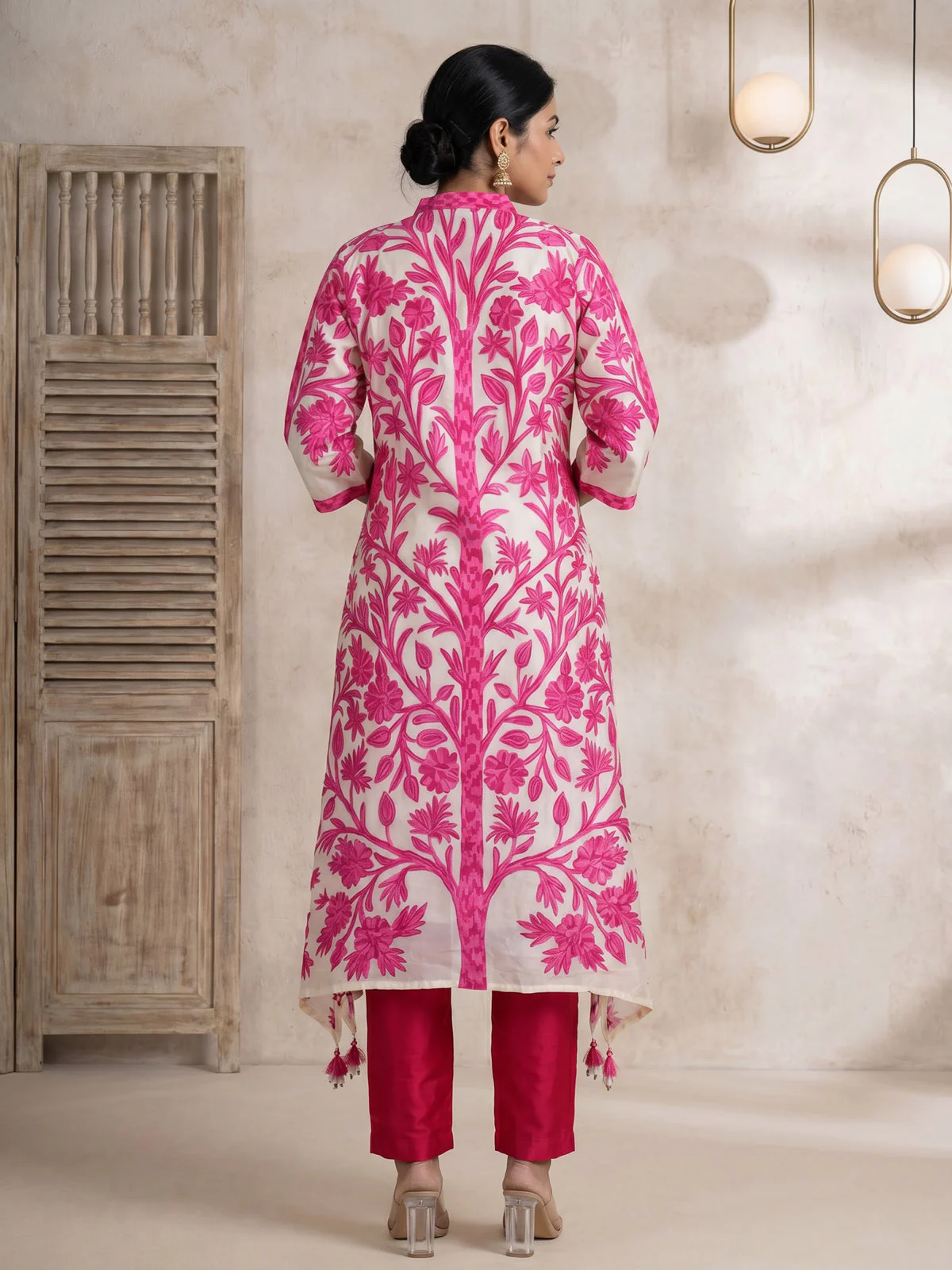 Beige-Hot Pink Muslin Tail cut Kurti and Pant Set - Image 2