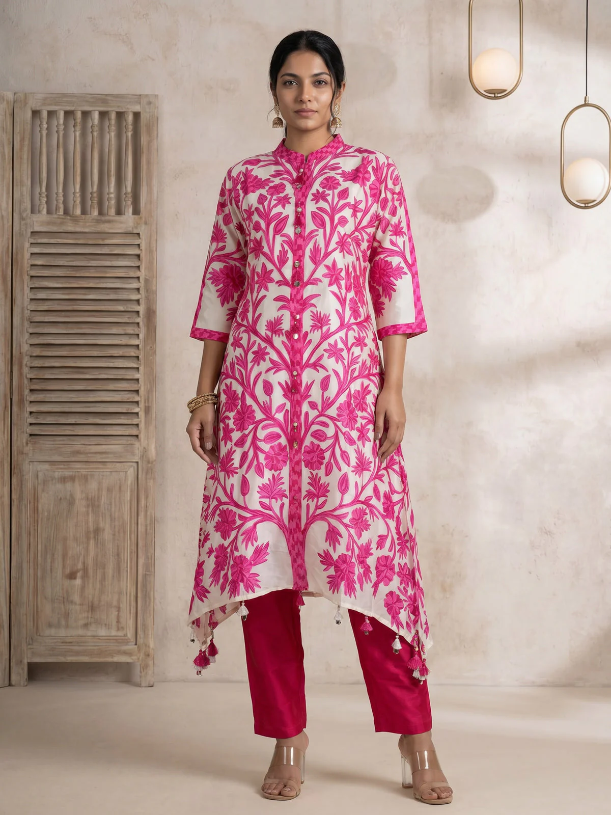 Beige-Hot Pink Muslin Tail cut Kurti and Pant Set - Image 3