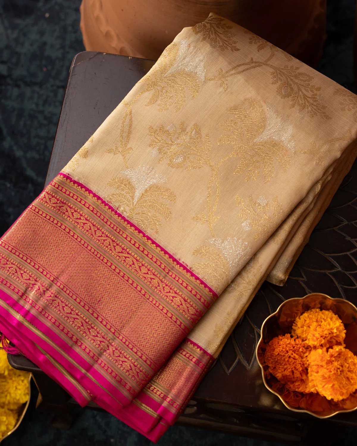Beige Kanchipuram Kora With Rich Contrast Pink Pallu And Blouse - Image 10