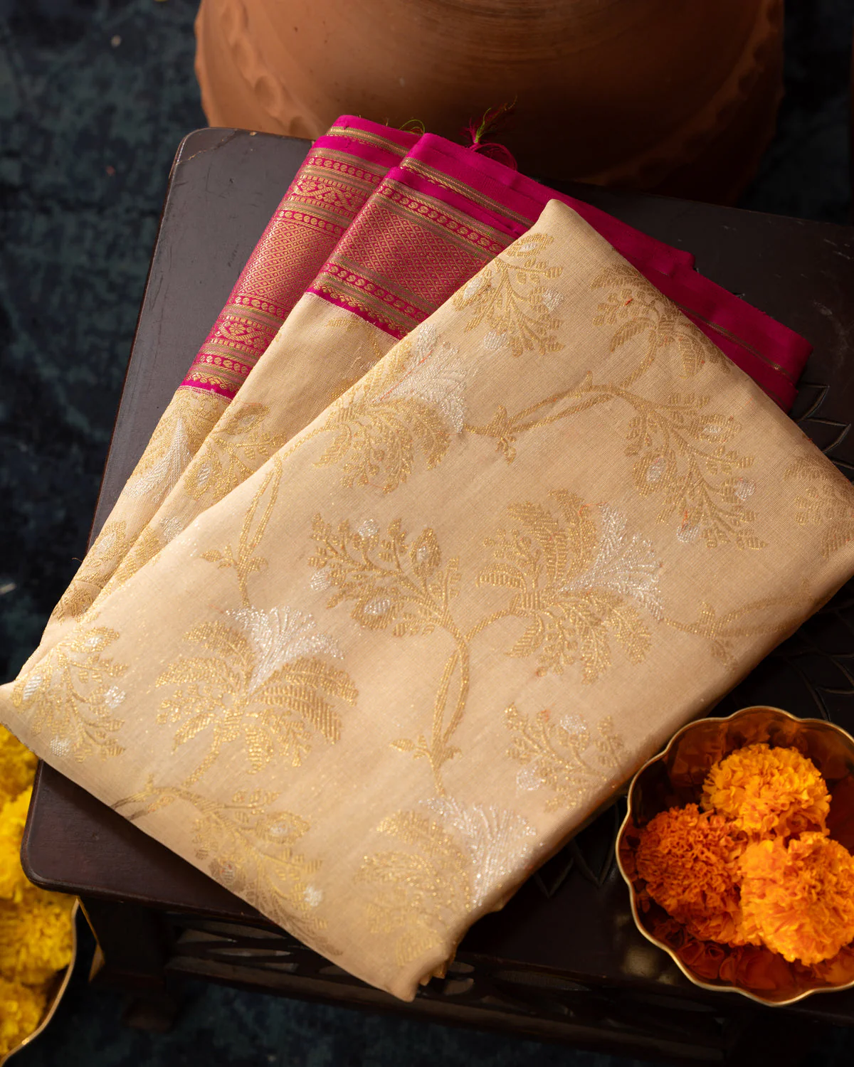 Beige Kanchipuram Kora With Rich Contrast Pink Pallu And Blouse - Image 11