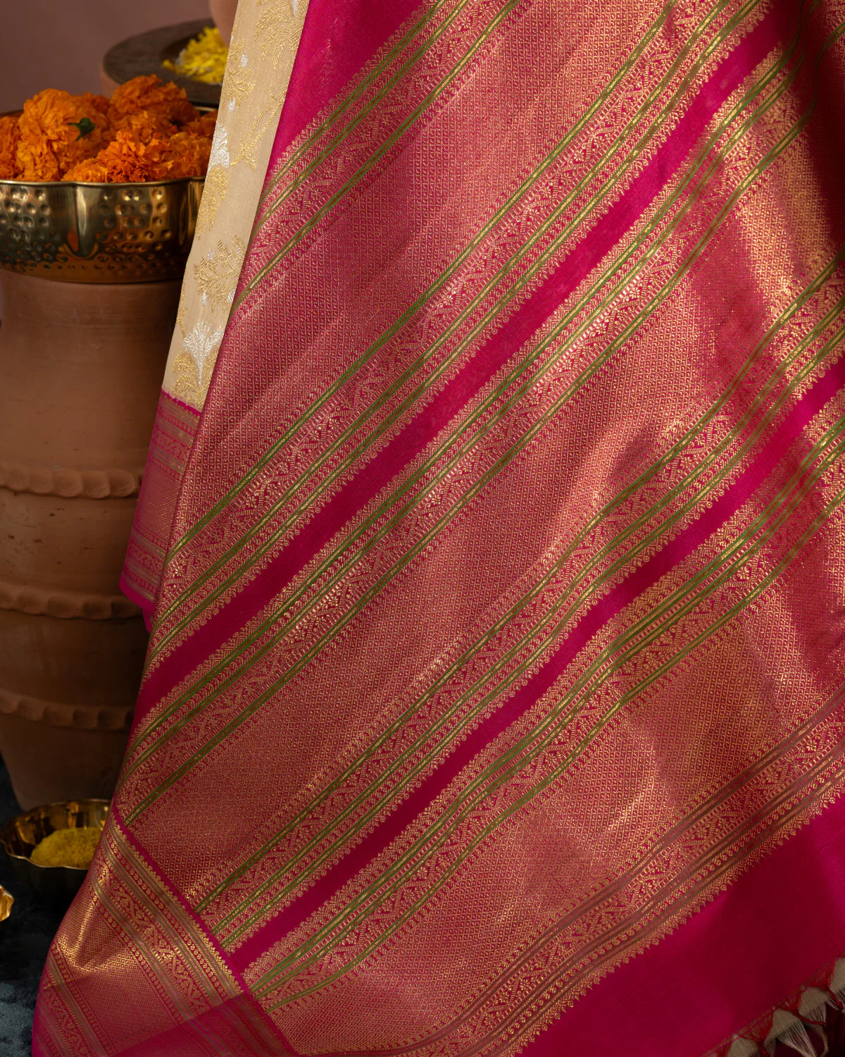 Beige Kanchipuram Kora With Rich Contrast Pink Pallu And Blouse - Image 3