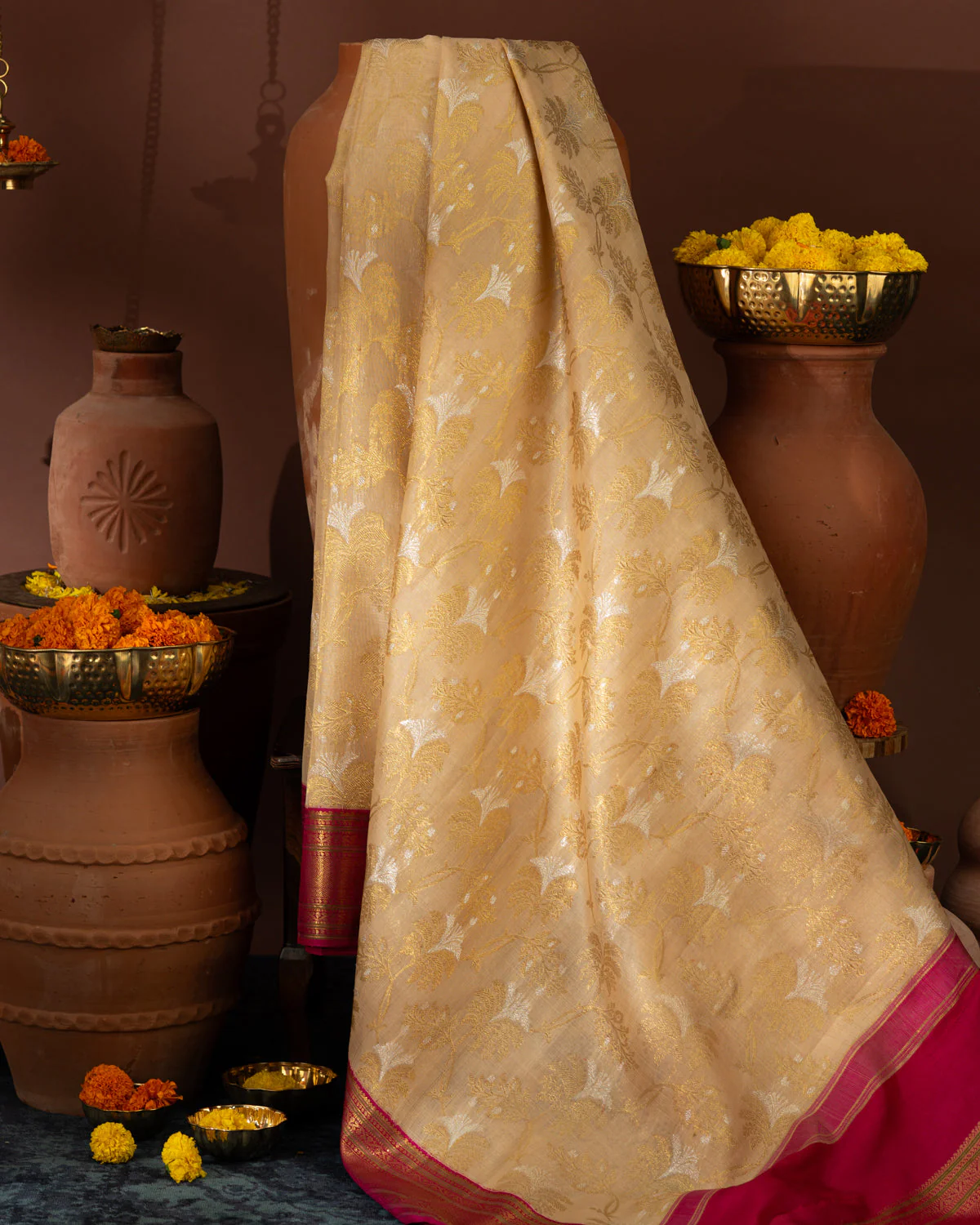 Beige Kanchipuram Kora With Rich Contrast Pink Pallu And Blouse - Image 4