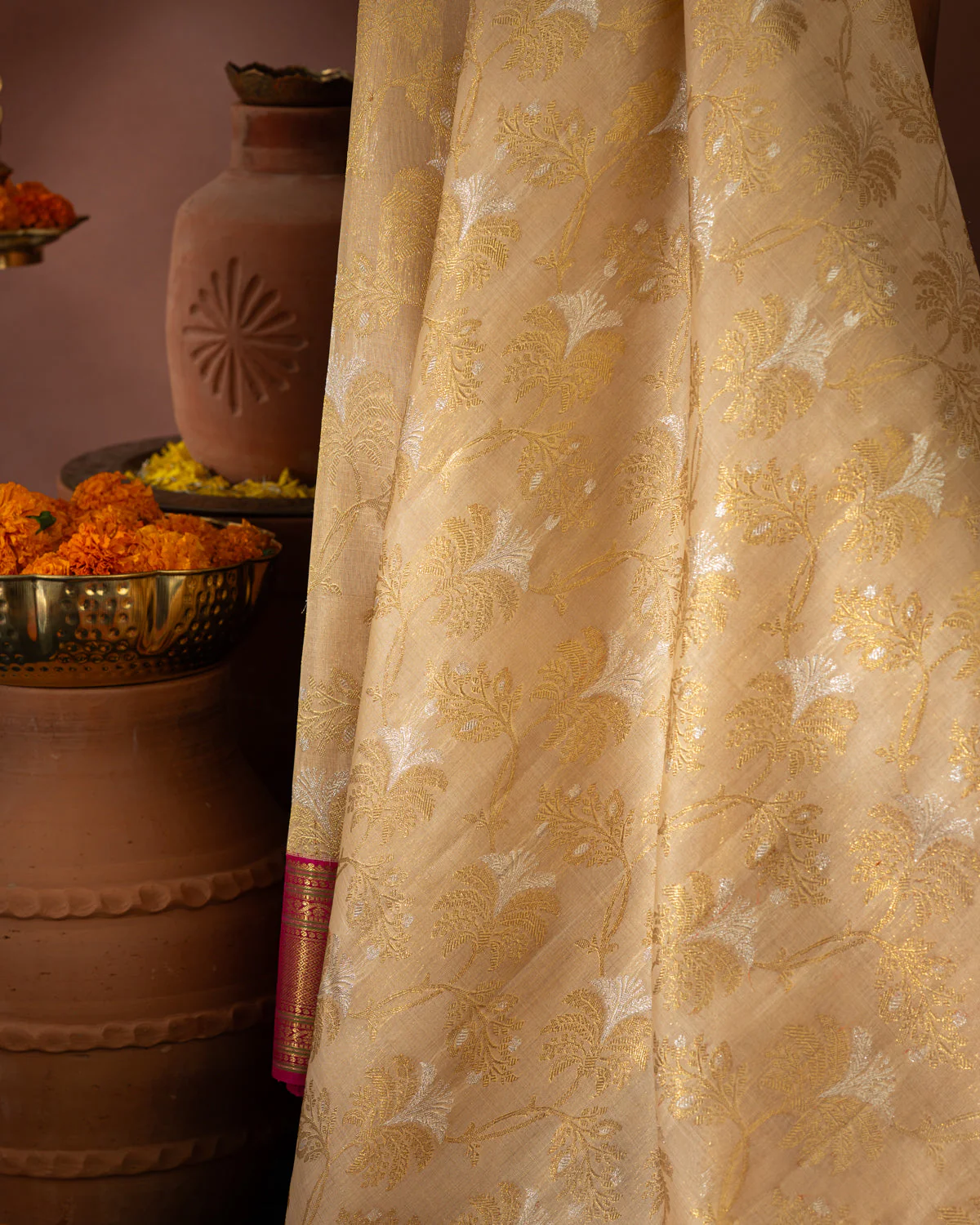 Beige Kanchipuram Kora With Rich Contrast Pink Pallu And Blouse - Image 5