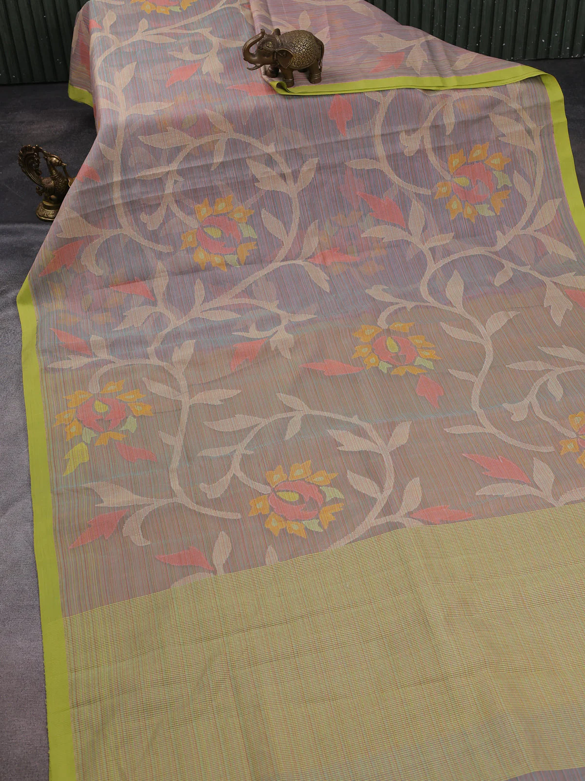 Beige- Lime Green Banarasi Dhakai Kora Silk Saree - Image 2