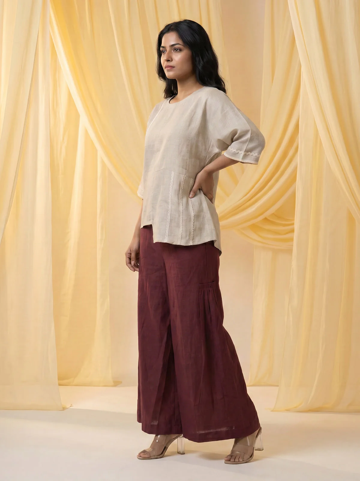 Beige-Maroon Linen Cotton Co-Ord Set - Image 2