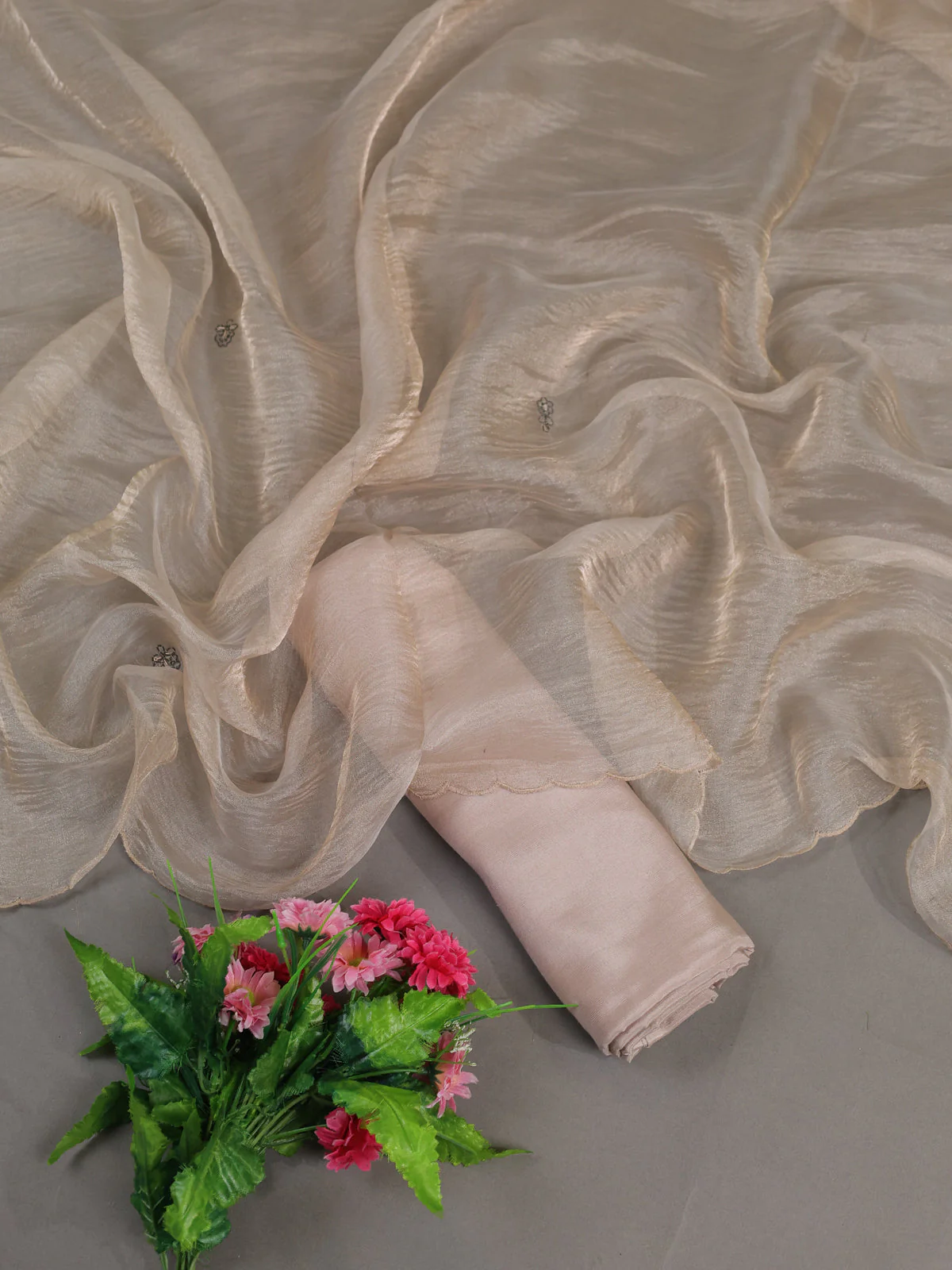 Beige Mul Chanderi Semi Stitched Suit - Image 2