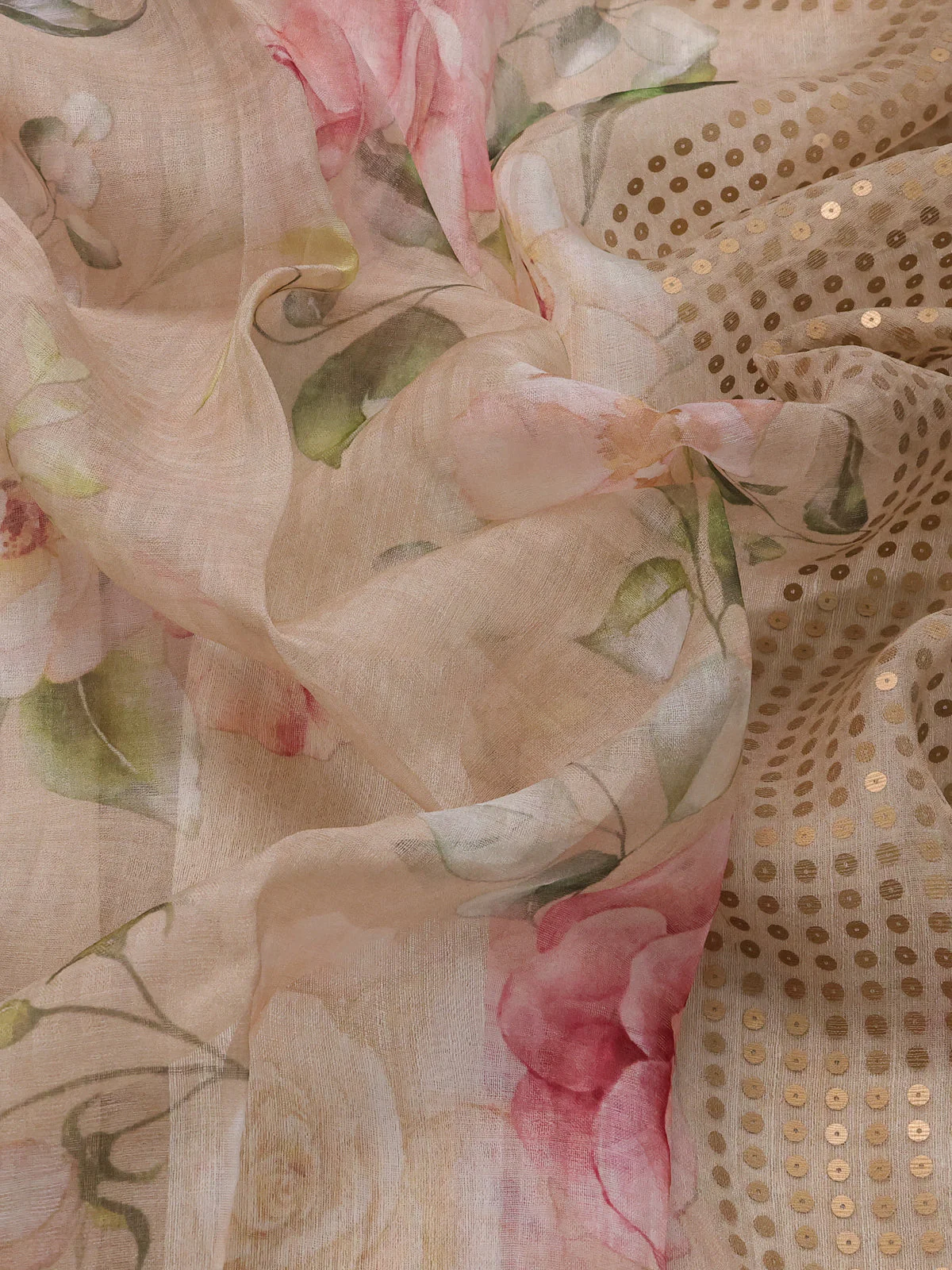 Beige Muslin Organza Silk Saree With Digital Prints - Image 3
