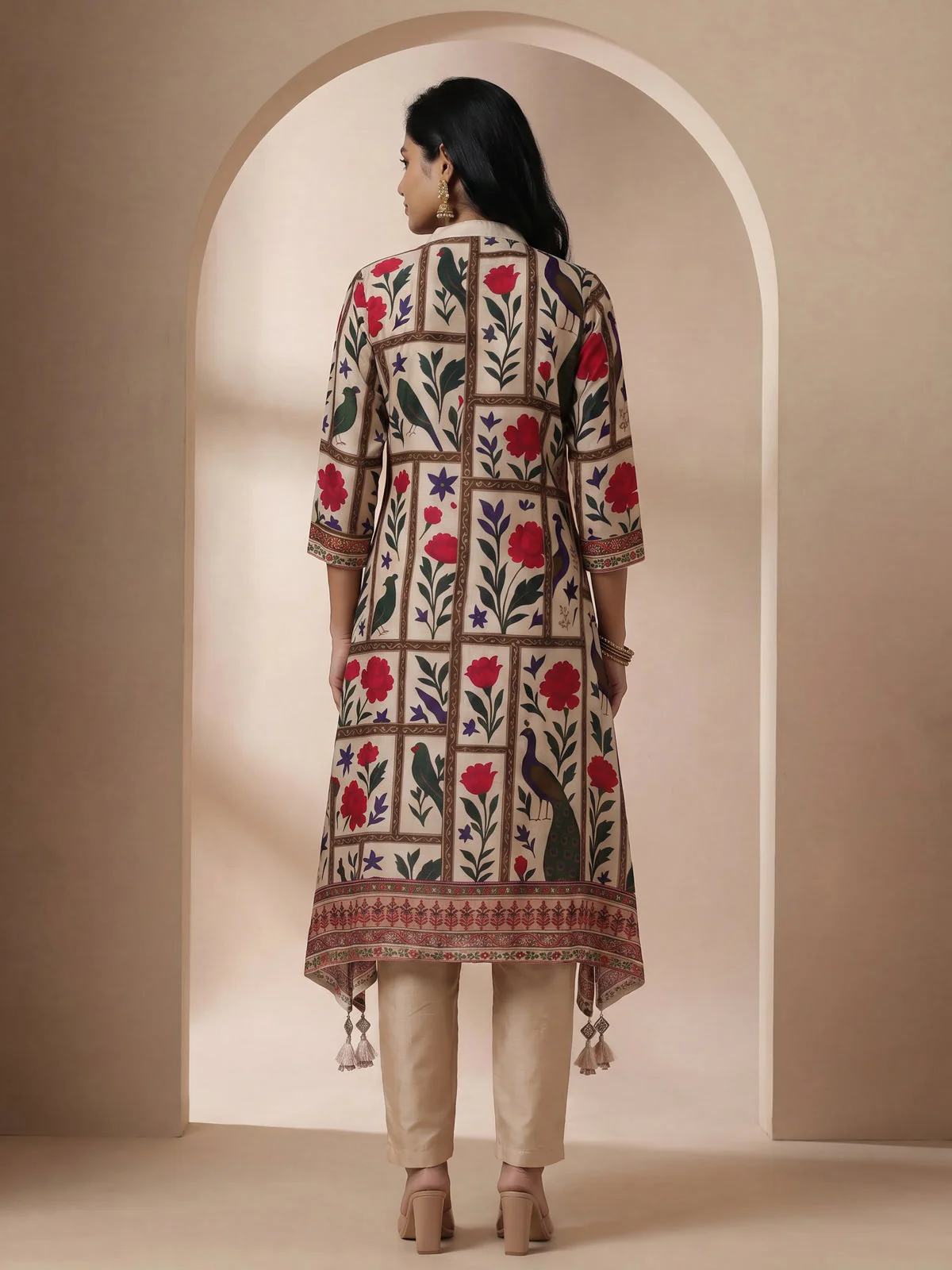 Beige Muslin Tail cut Kurti and Pant Set - Image 2
