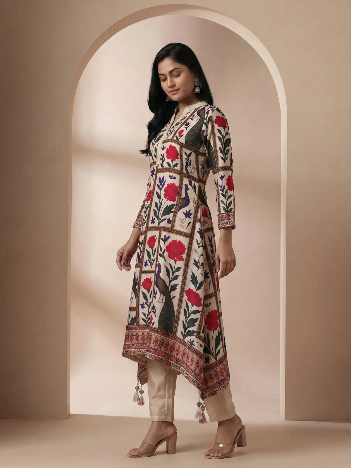 Beige Muslin Tail cut Kurti and Pant Set - Image 3