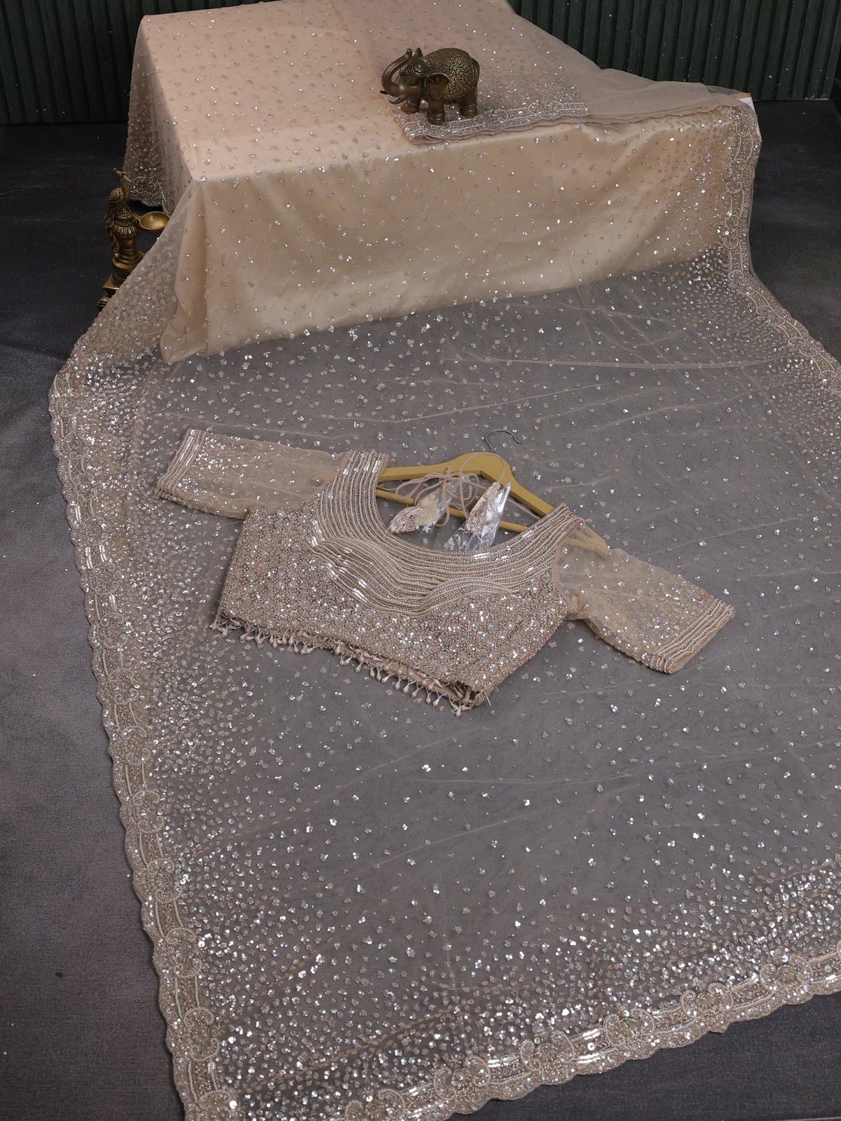 Beige Netted Saree With Allover Sequin Work & Readymade Work Blouse - Image 2