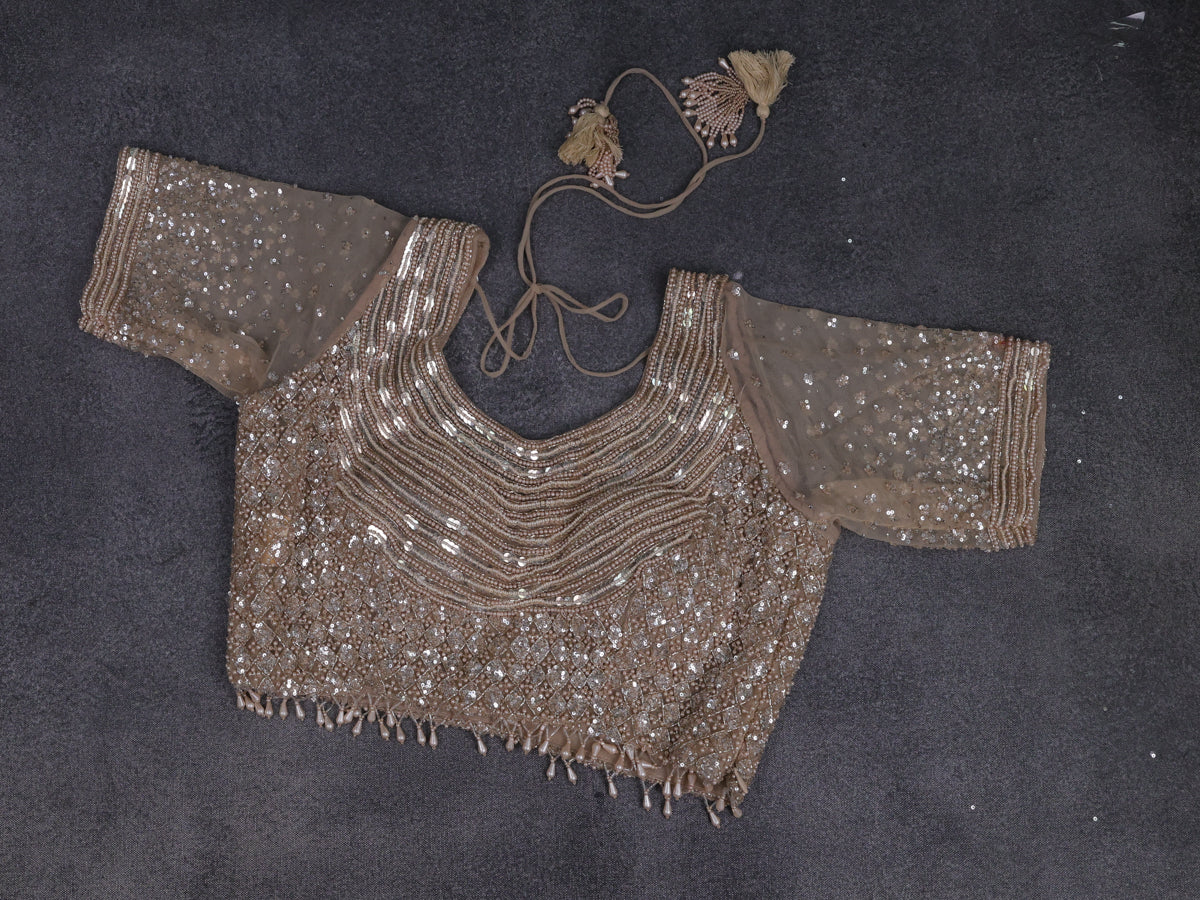 Beige Netted Saree With Allover Sequin Work & Readymade Work Blouse - Image 4