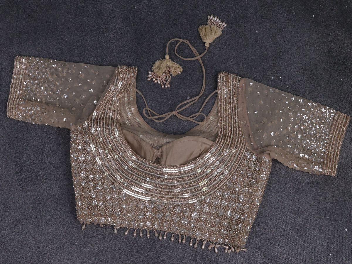 Beige Netted Saree With Allover Sequin Work & Readymade Work Blouse - Image 5