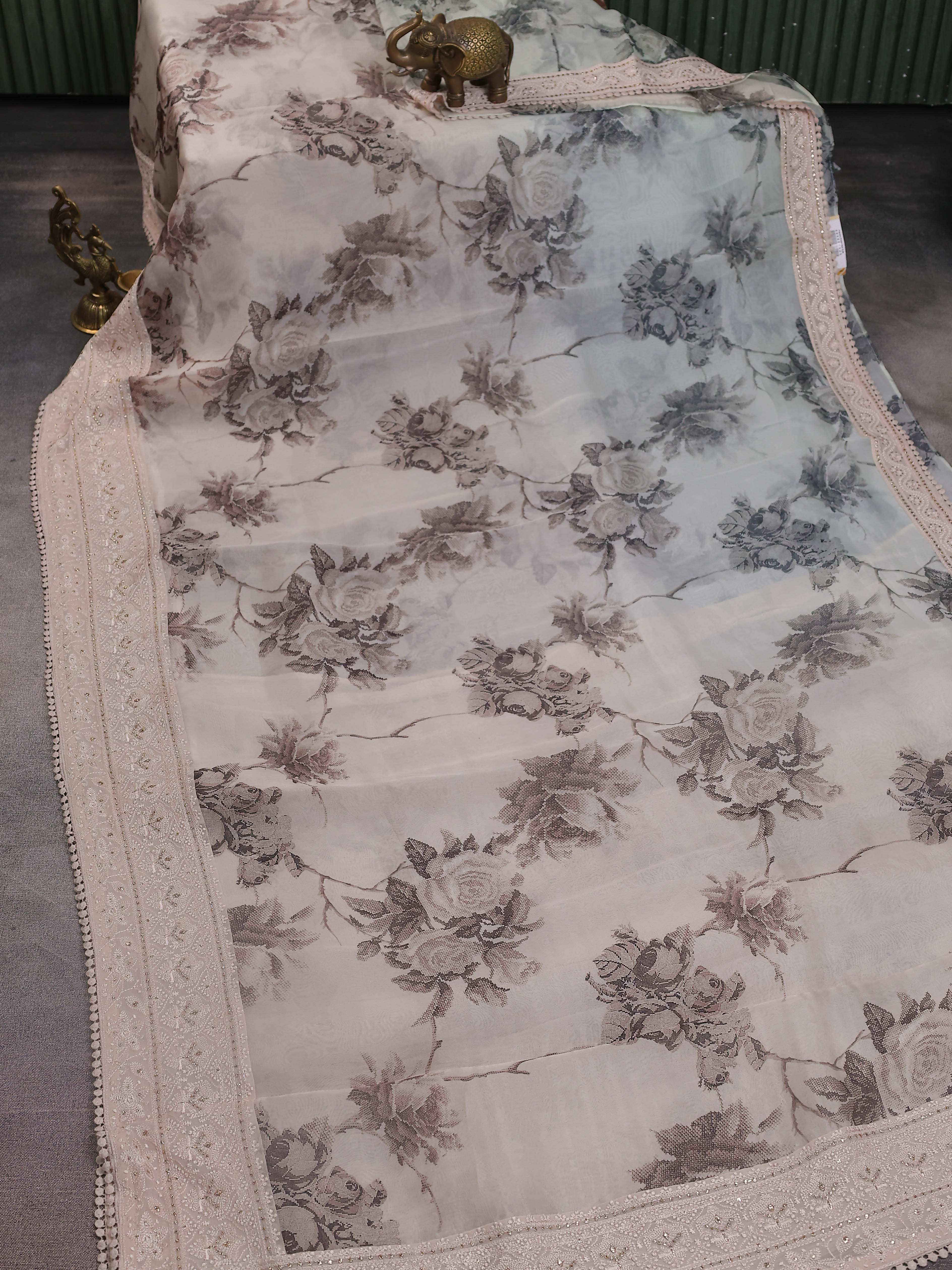 Beige Organza Silk Saree - Image 2