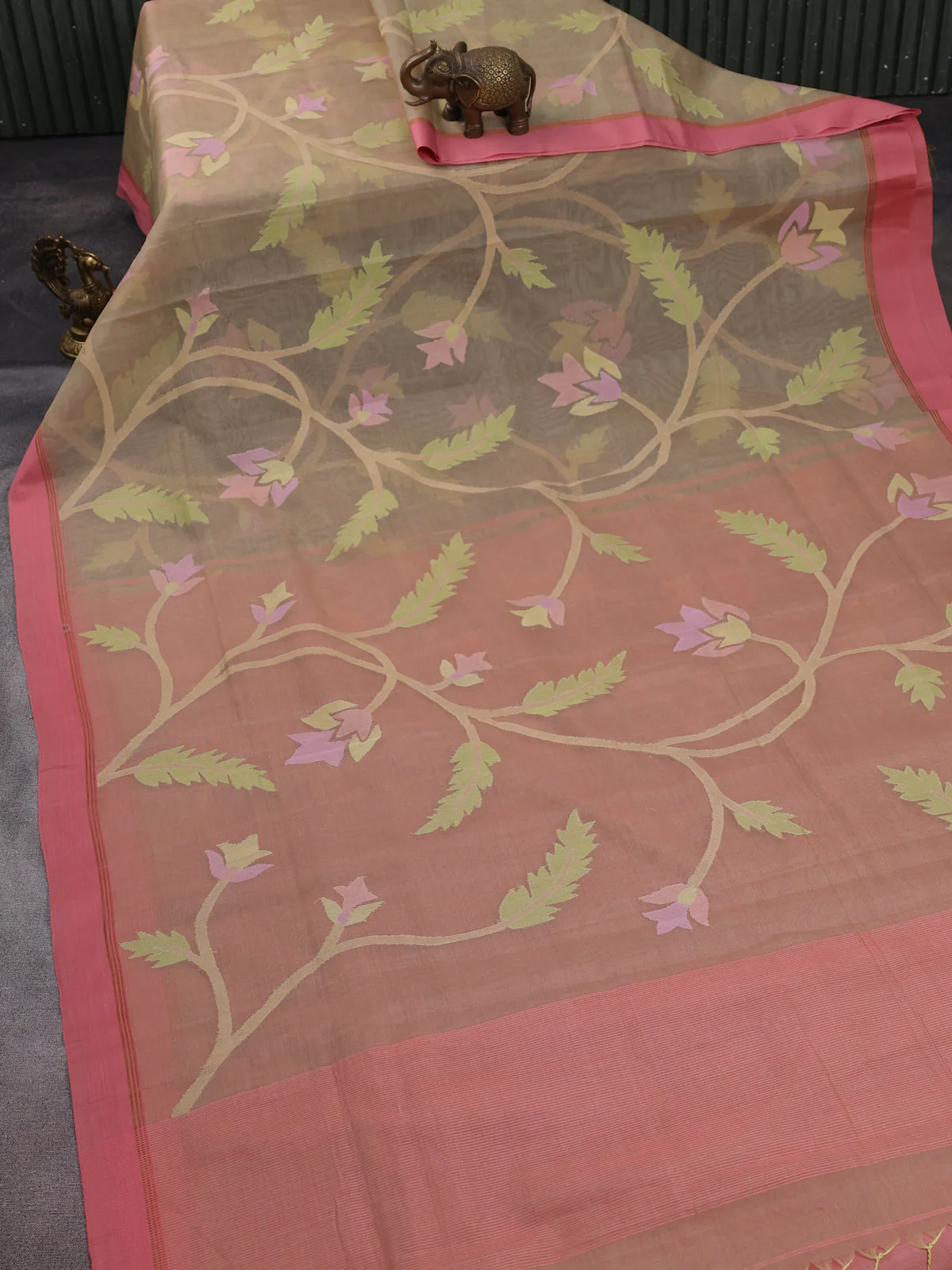 Beige-Peach Banarasi Dhakai Kora Silk Saree - Image 2