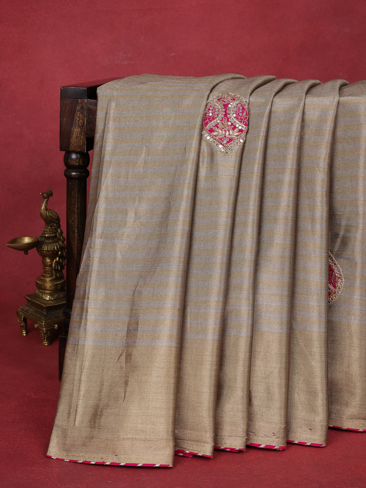 Beige-Pink Tissue Saree With Applique Work With Embroidery Readymade Blouse - Image 3