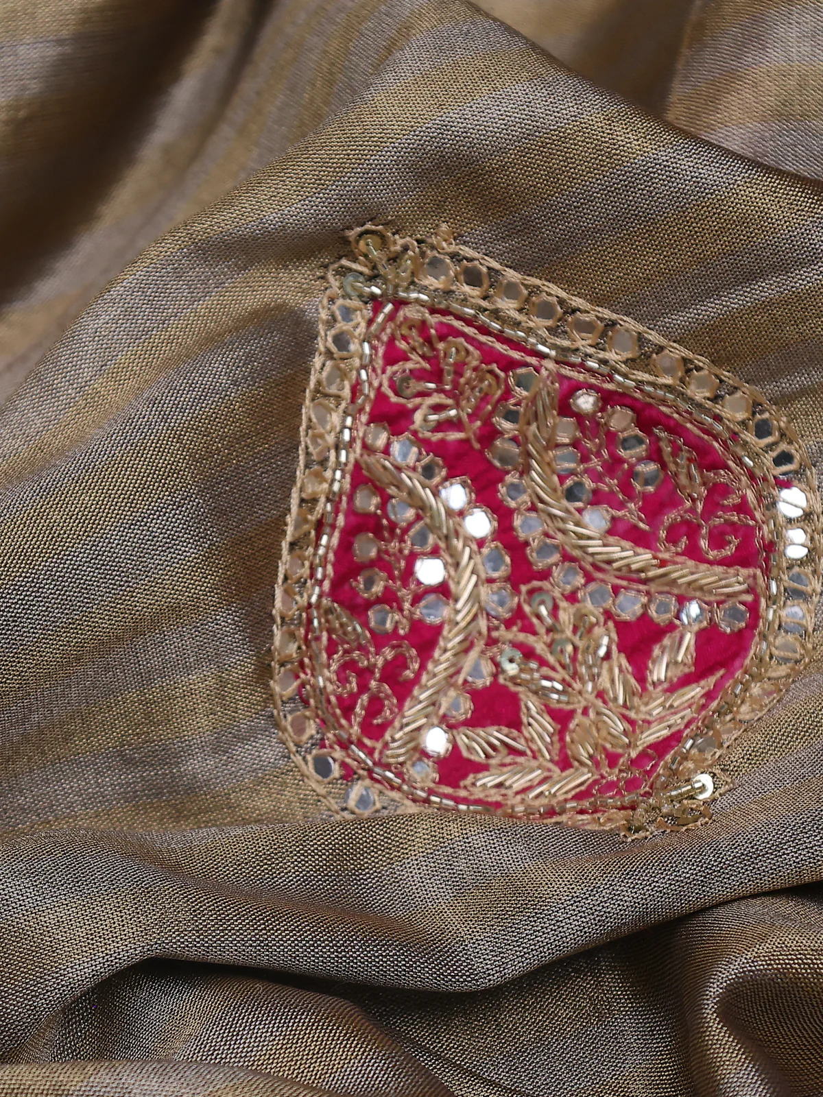 Beige-Pink Tissue Saree With Applique Work With Embroidery Readymade Blouse - Image 5