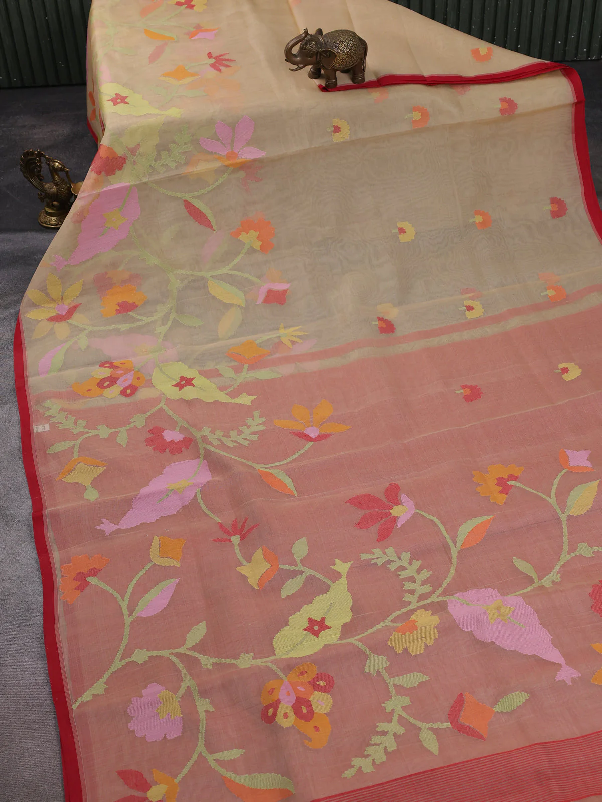 Beige - Red Banarasi Dhakai Kora Silk Saree - Image 2