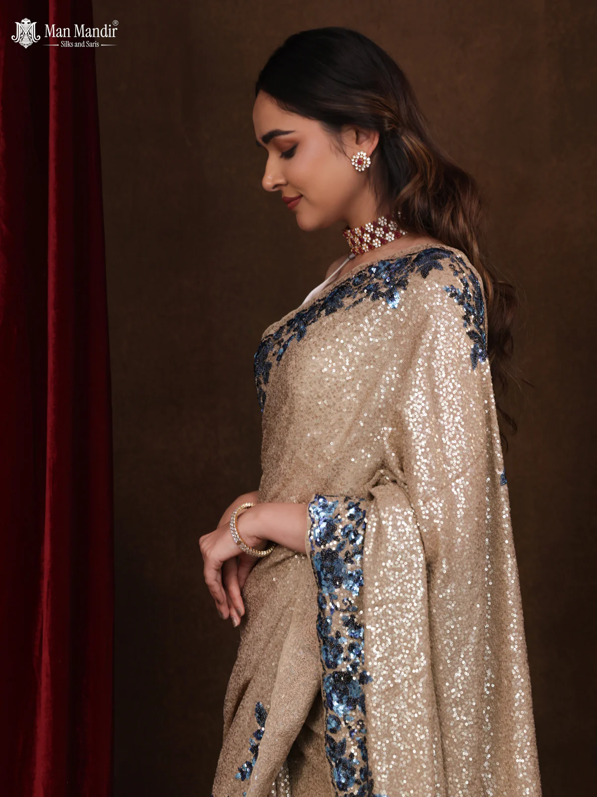 Beige Sequin Embroidered Georgette Designer Saree - Image 3