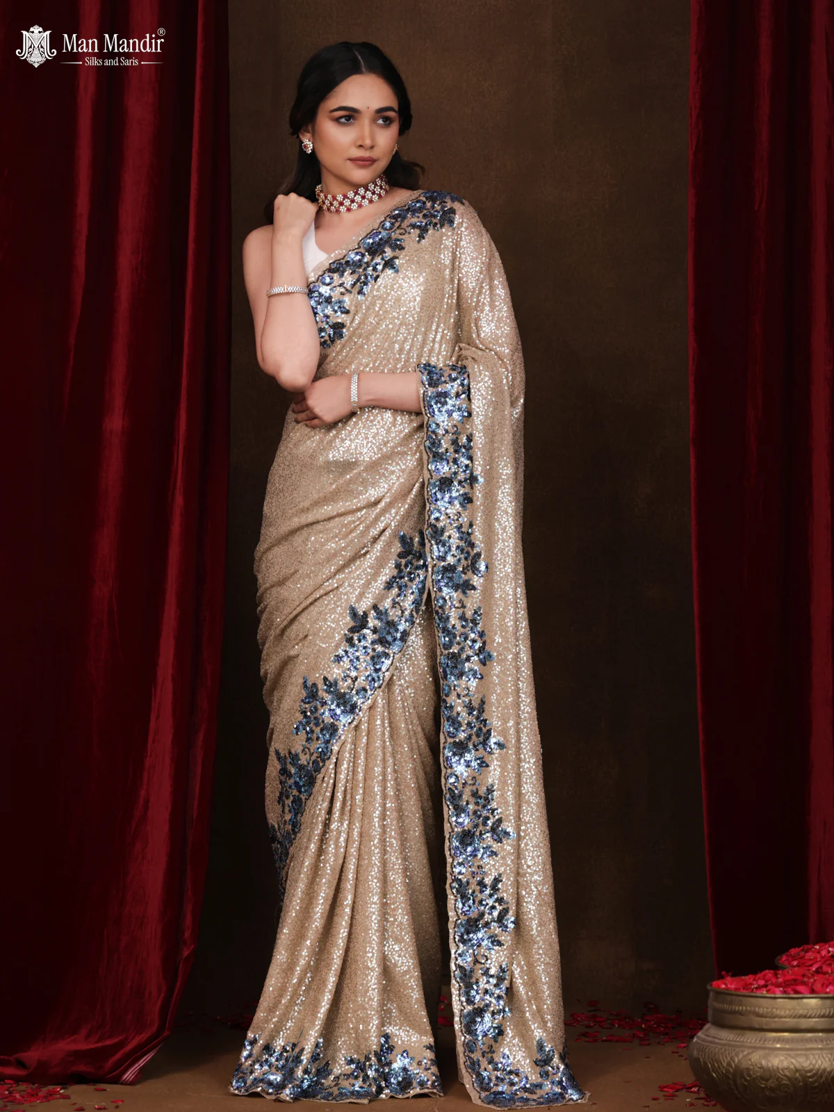 Beige Sequin Embroidered Georgette Designer Saree - Image 4