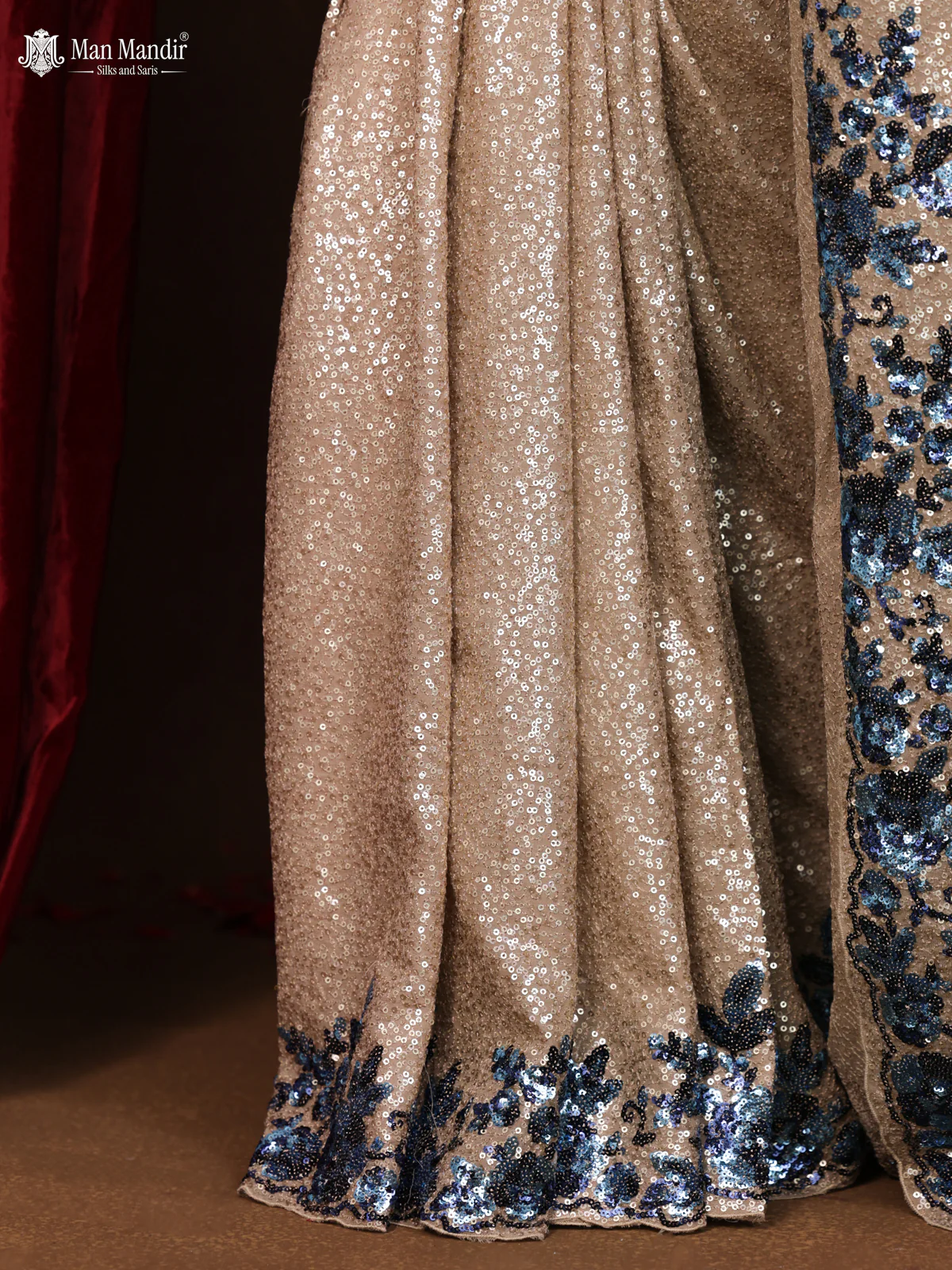 Beige Sequin Embroidered Georgette Designer Saree - Image 5