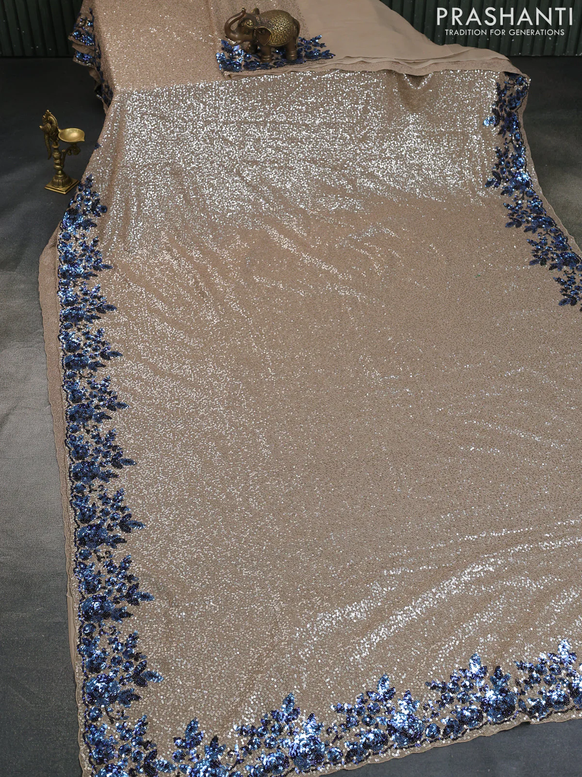 Beige Sequin Embroidered Georgette Designer Saree - Image 7
