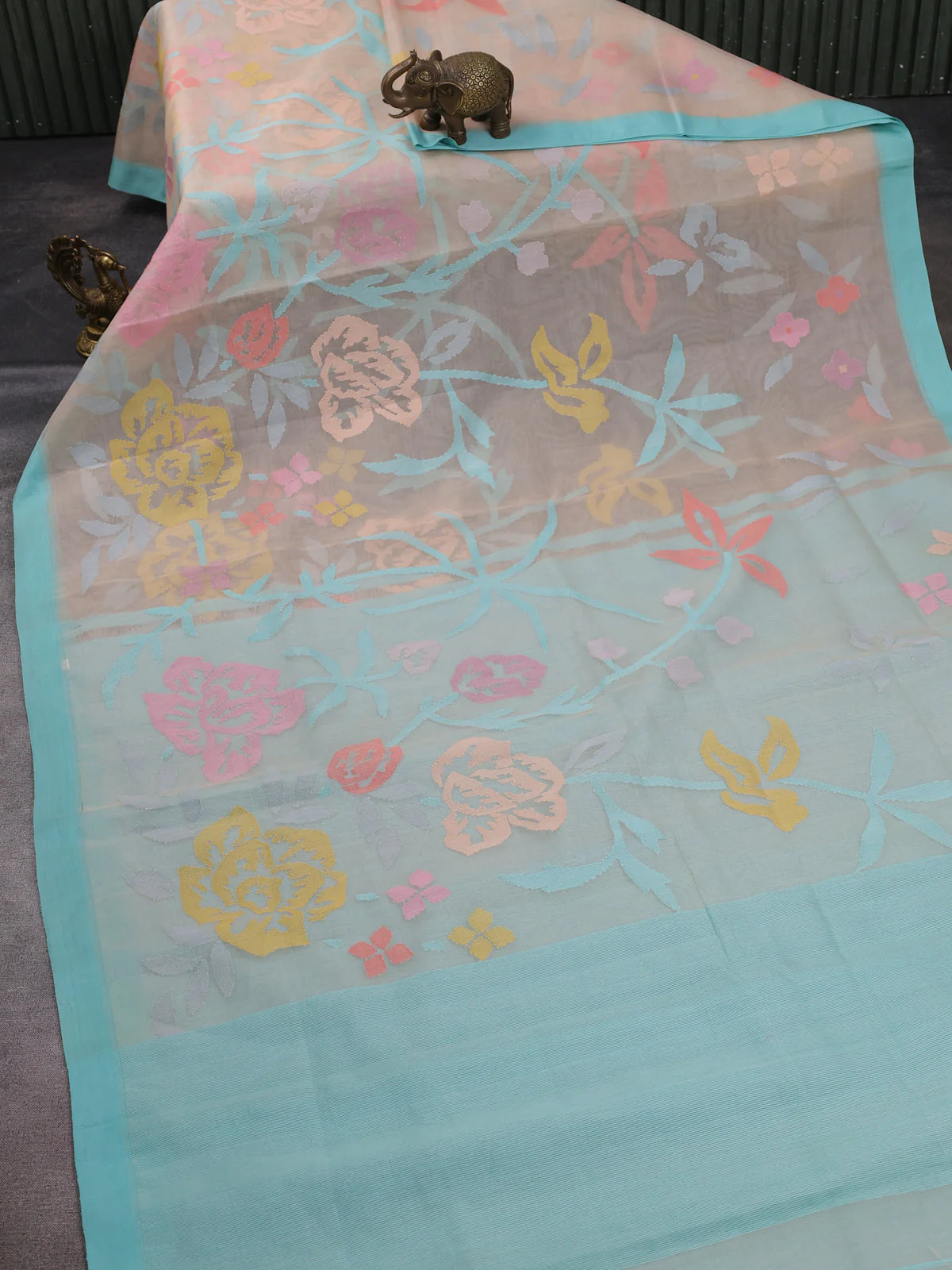 Beige - Teal Banarasi Dhakai Kora Silk Saree - Image 2