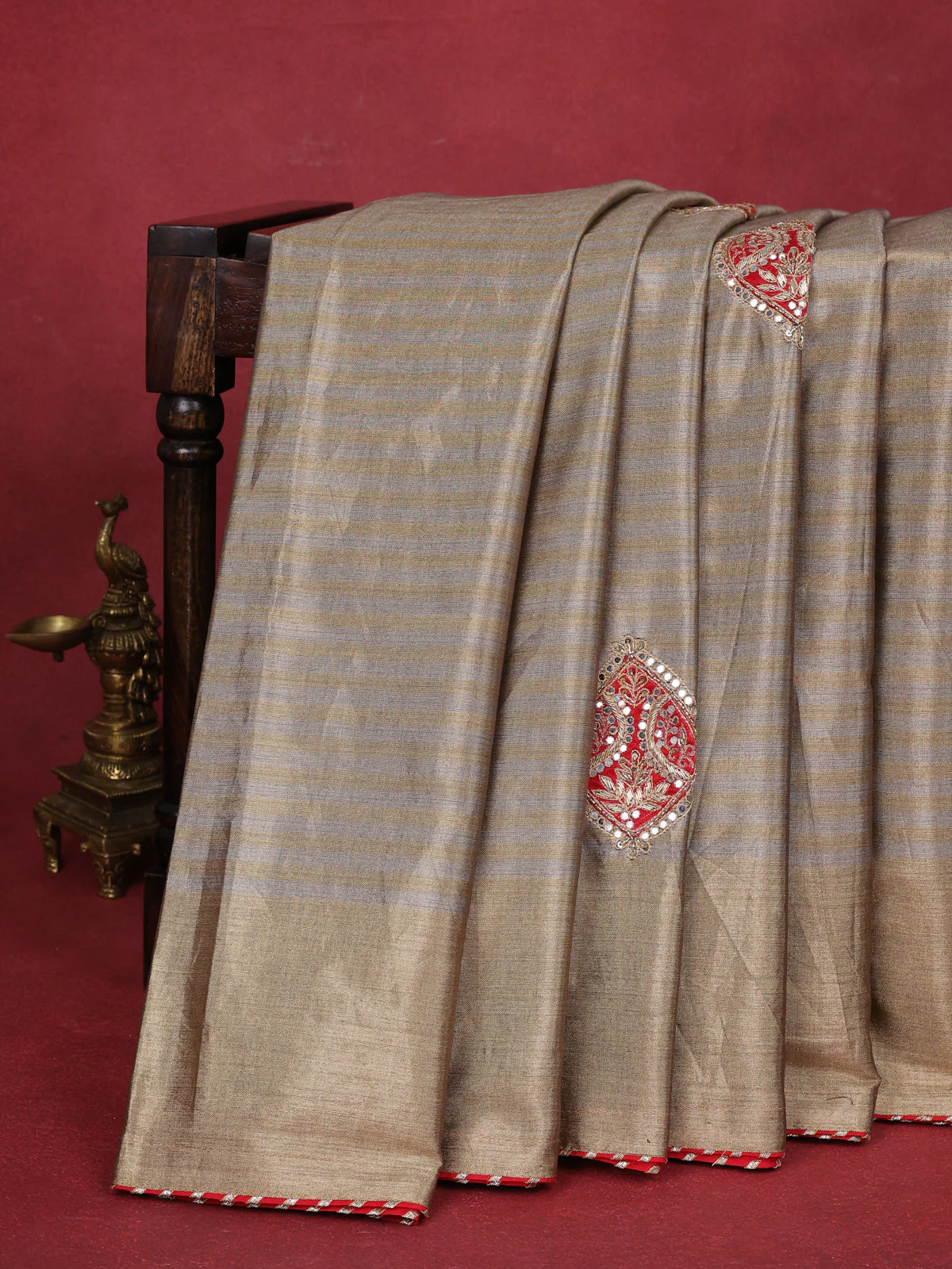 Beige Tissue Saree With Applique Work With Embroidery Readymade Blouse - Image 3
