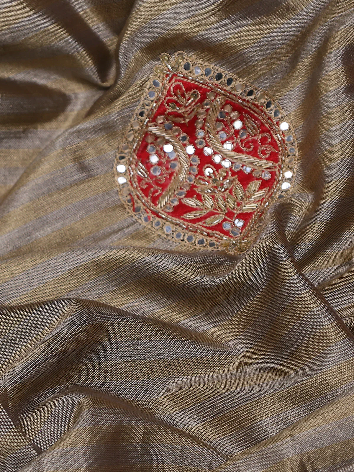Beige Tissue Saree With Applique Work With Embroidery Readymade Blouse - Image 5