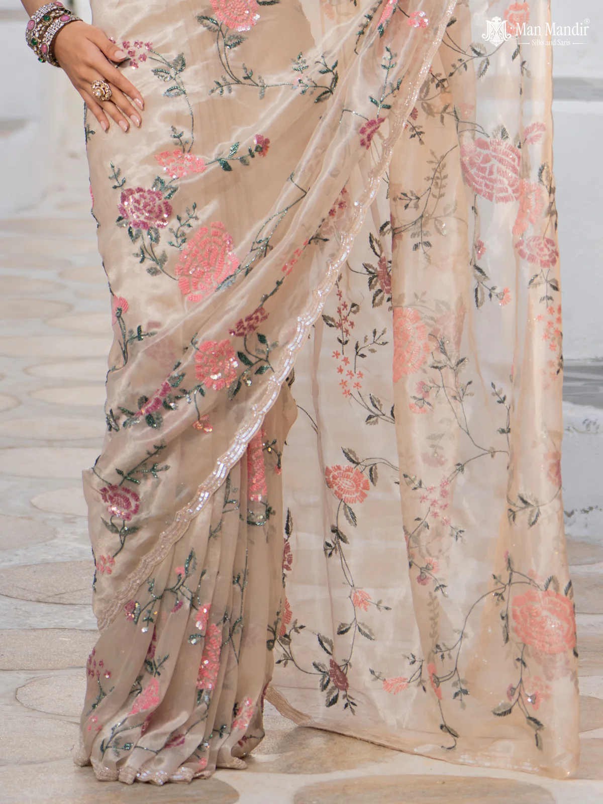 Beige Tissue Silk Saree With Allover Sequin Embroidery Work - Image 4