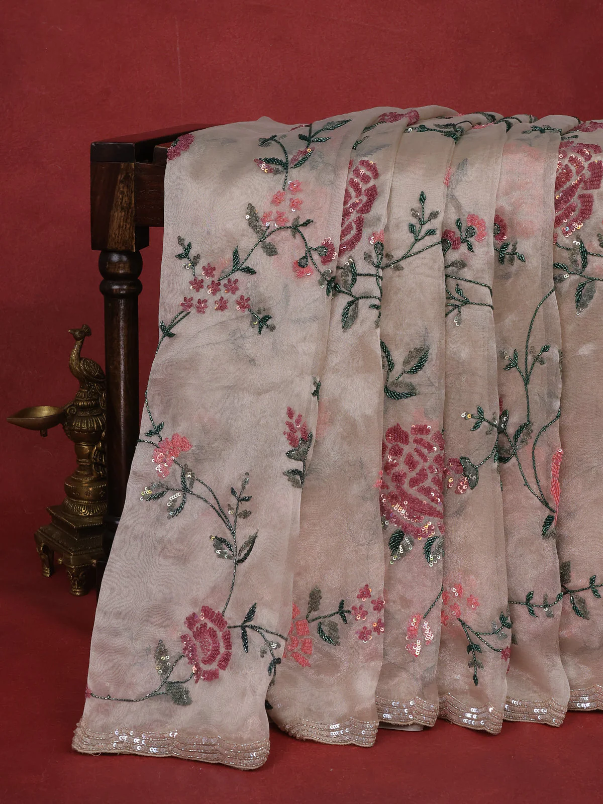 Beige Tissue Silk Saree With Allover Sequin Embroidery Work - Image 6