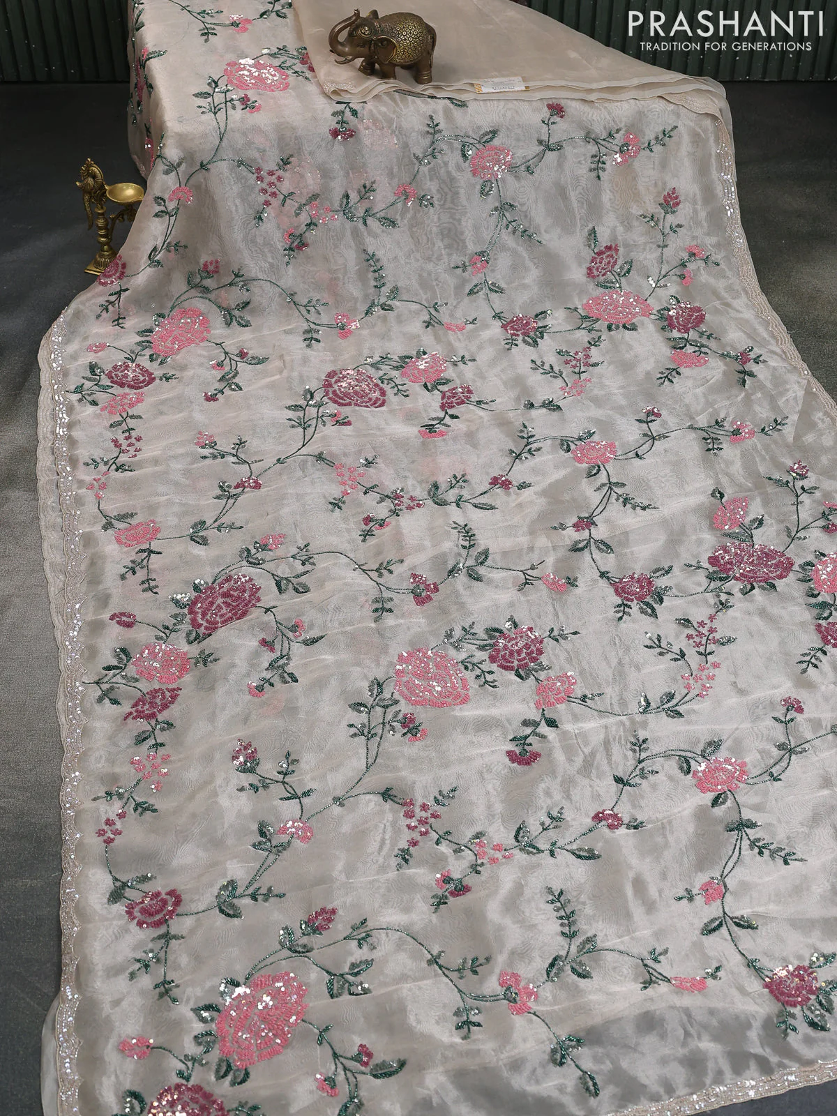 Beige Tissue Silk Saree With Allover Sequin Embroidery Work - Image 7