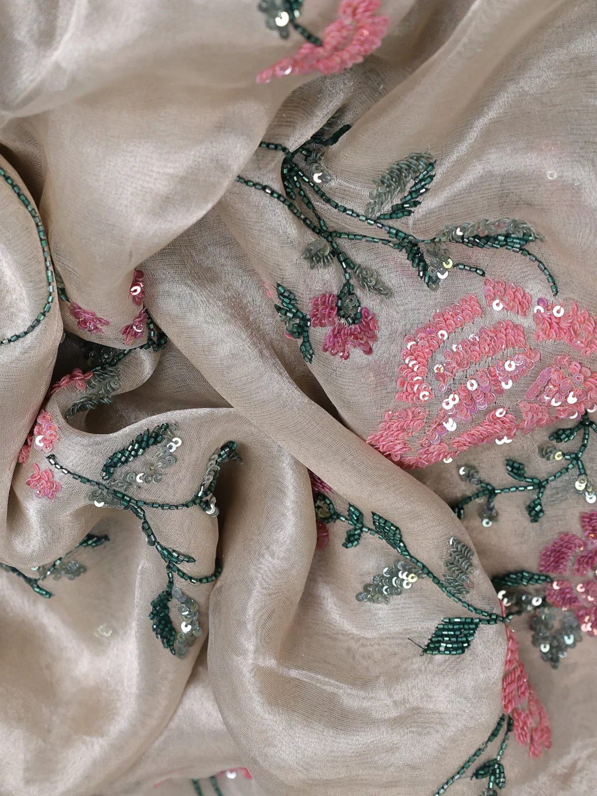 Beige Tissue Silk Saree With Allover Sequin Embroidery Work - Image 8