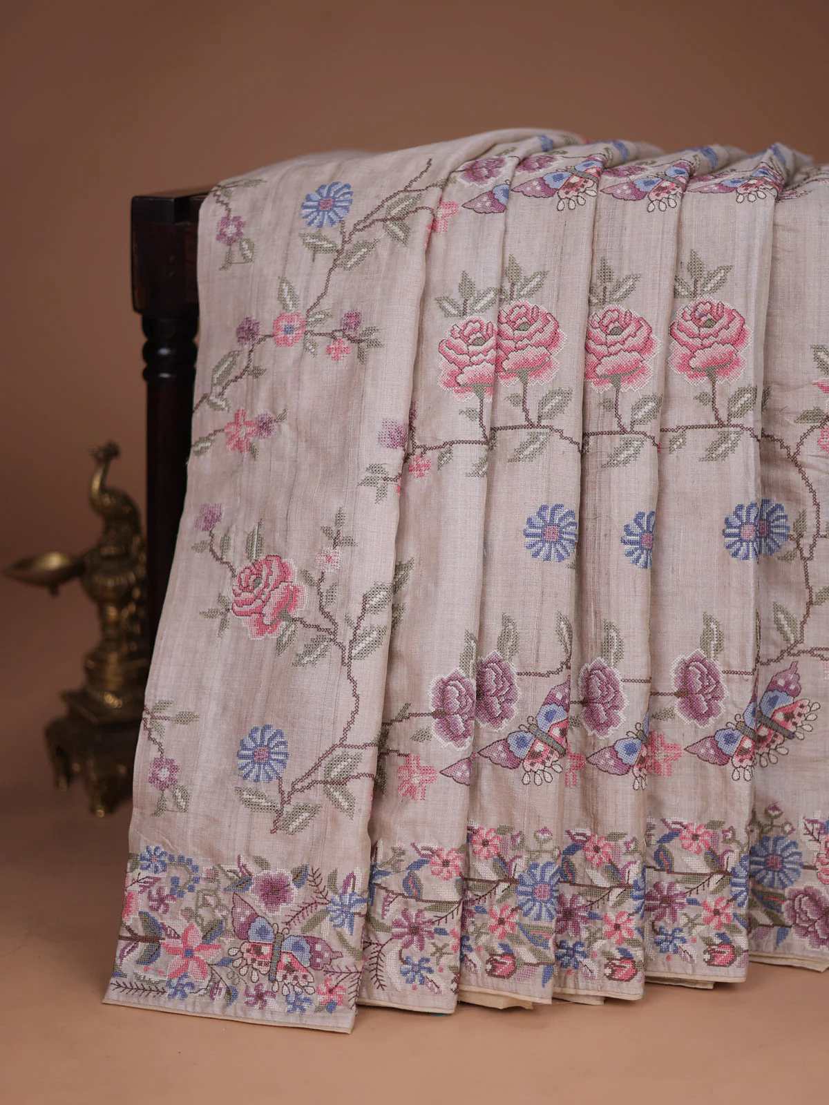 Beige Tussar Silk Saree - Image 2