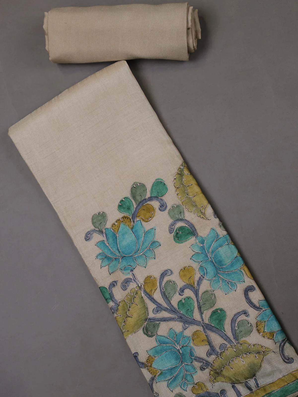 Beige Tussar Silk Unstitched Suit - Image 2