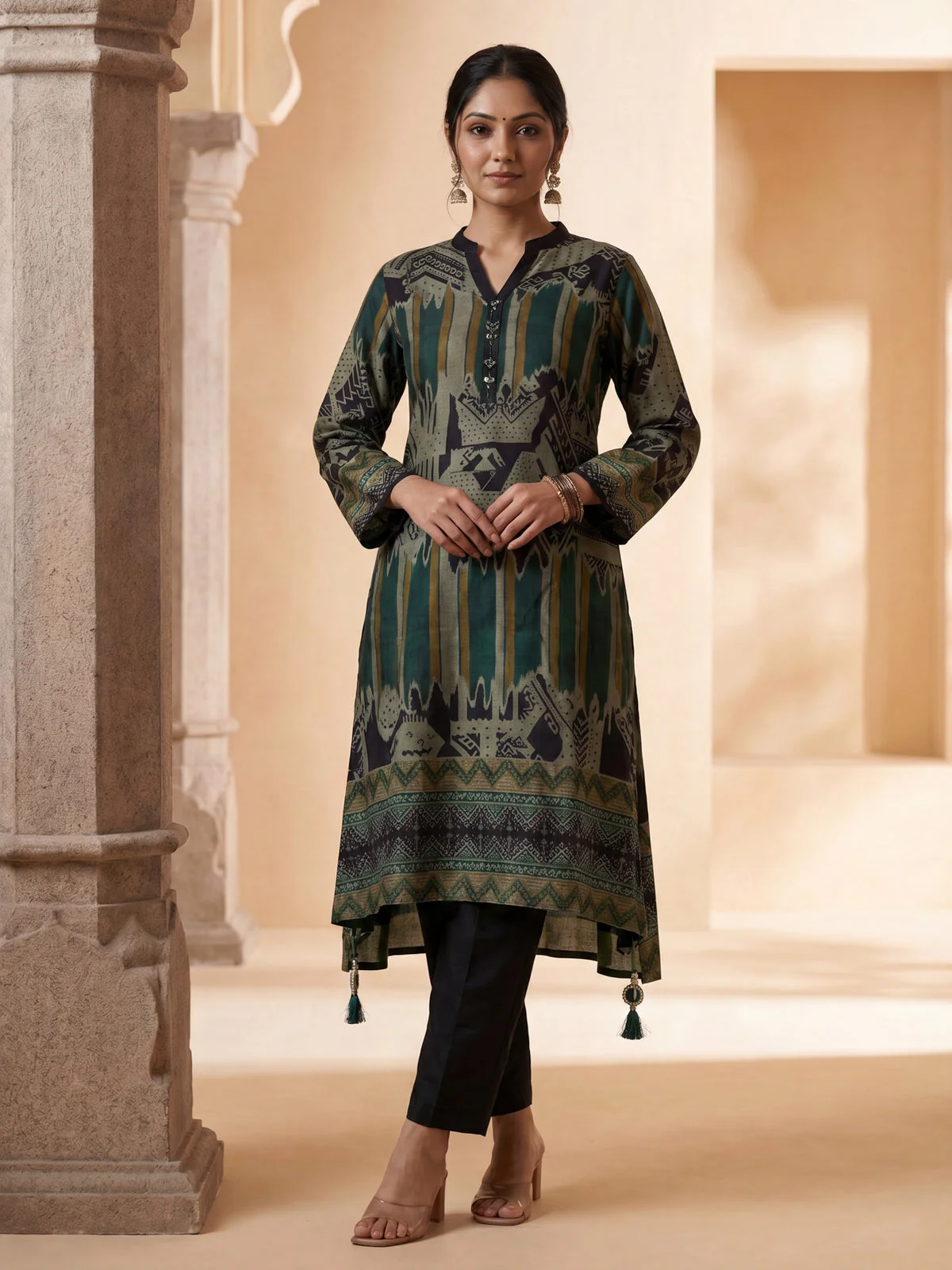 Black-Green Muslin Tail cut Kurti and Pant Set - Image 2