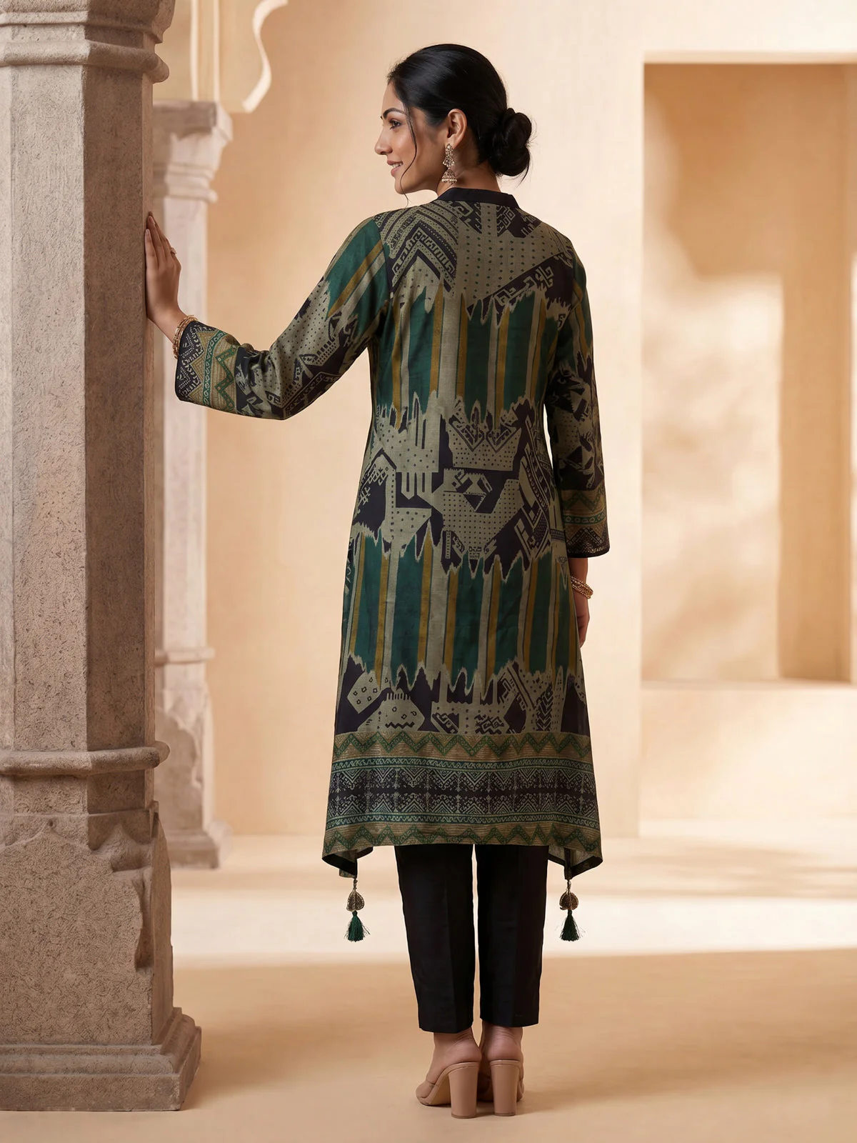 Black-Green Muslin Tail cut Kurti and Pant Set - Image 3