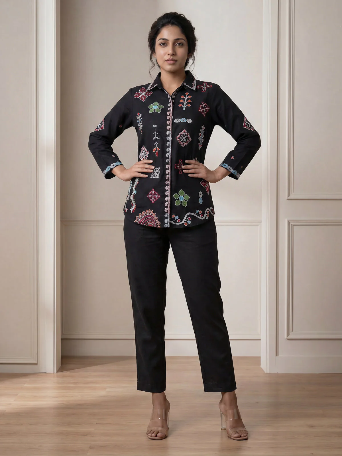 Black Linen Cotton Collared Tunic Top With Multi Colour Embroidery And Straight Cut Pant - Image 2
