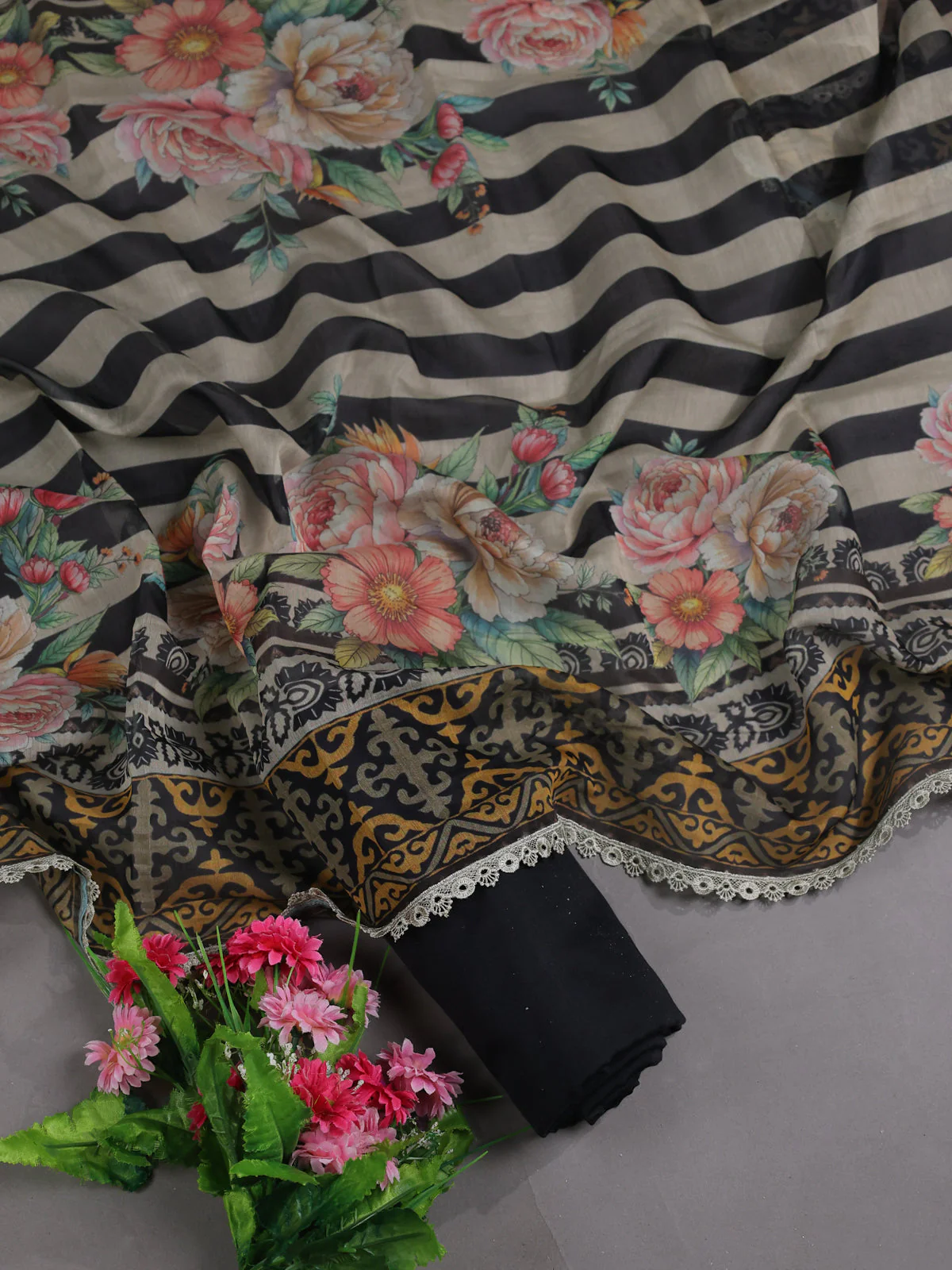 Black Mul Chanderi Unstitched Suit - Image 2