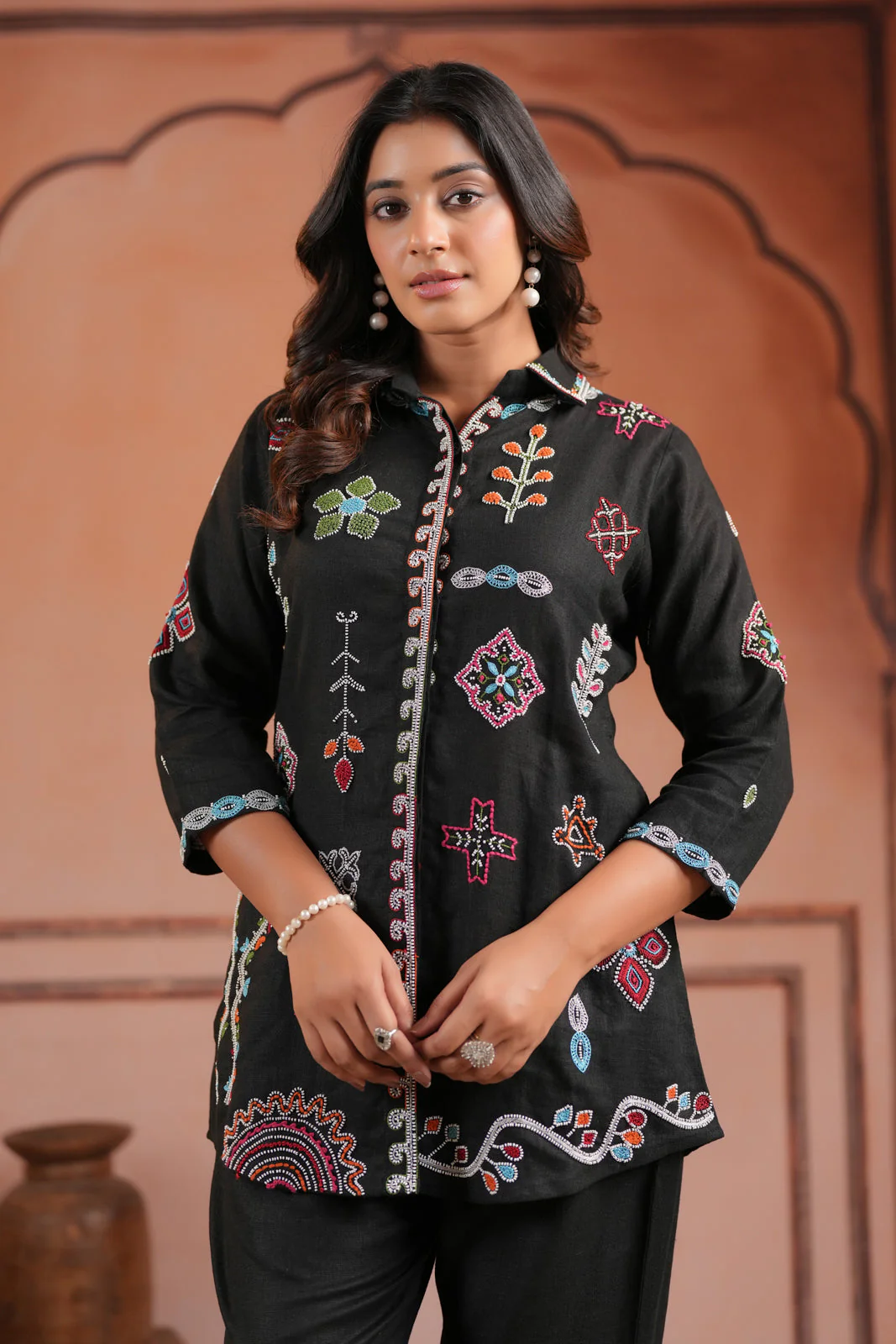Black Cotton Collared Tunic Top With Multi Colour Embroidery And Straight Cut Pant - Image 10