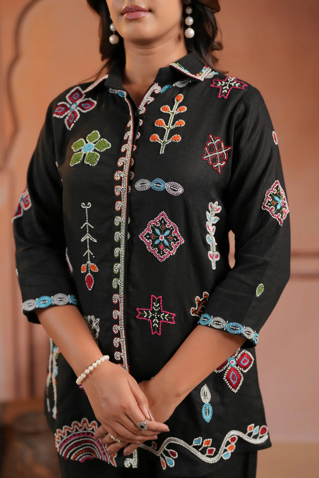 Black Cotton Collared Tunic Top With Multi Colour Embroidery And Straight Cut Pant - Image 11