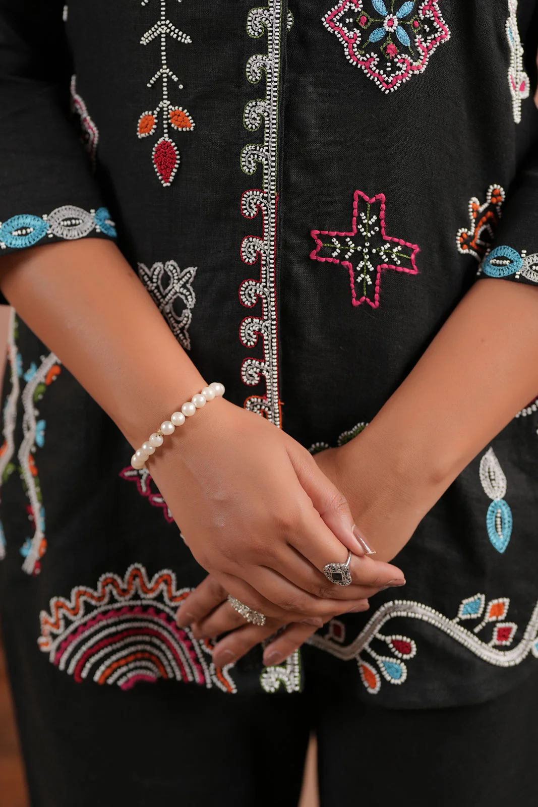 Black Cotton Collared Tunic Top With Multi Colour Embroidery And Straight Cut Pant - Image 12