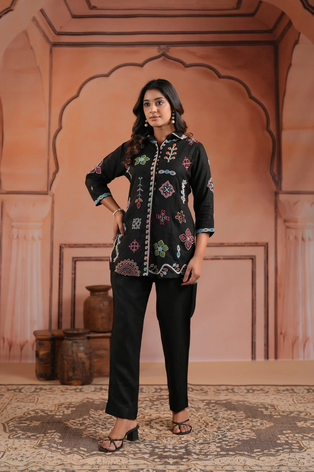 Black Cotton Collared Tunic Top With Multi Colour Embroidery And Straight Cut Pant - Image 3