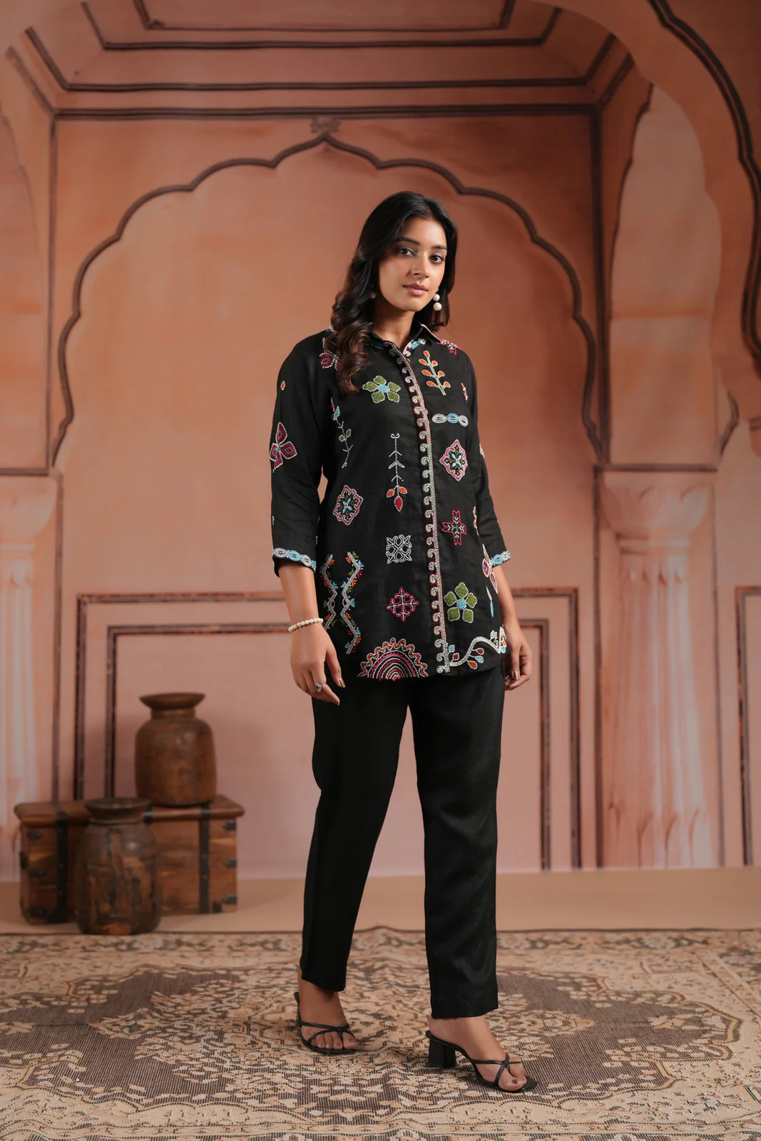 Black Cotton Collared Tunic Top With Multi Colour Embroidery And Straight Cut Pant - Image 4