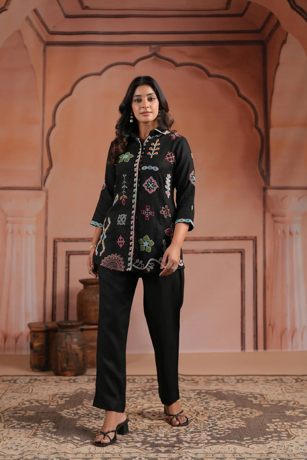 Black Cotton Collared Tunic Top With Multi Colour Embroidery And Straight Cut Pant - Image 5