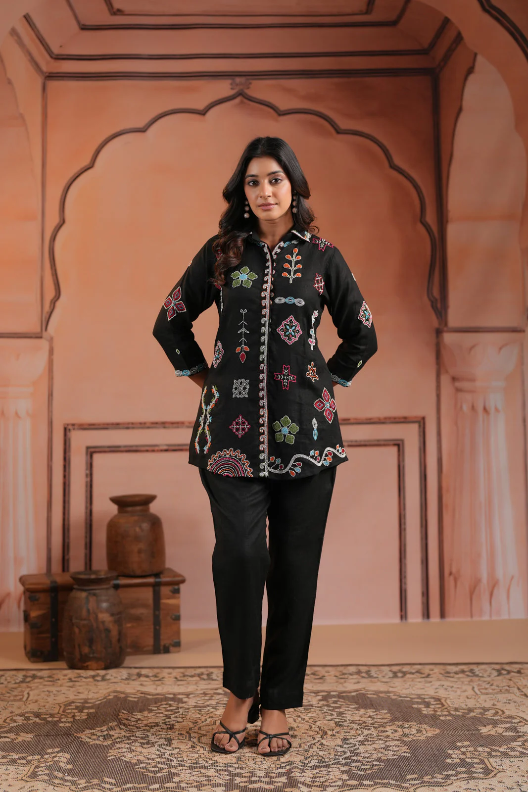 Black Cotton Collared Tunic Top With Multi Colour Embroidery And Straight Cut Pant - Image 6