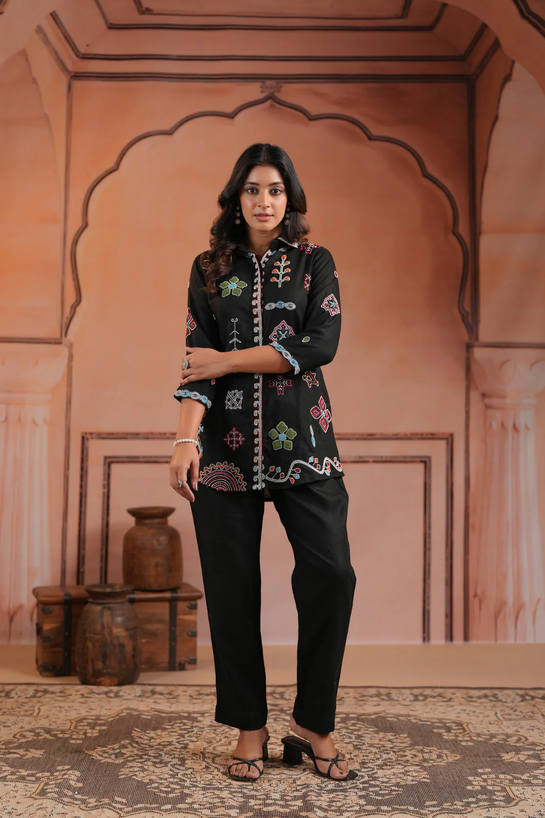 Black Cotton Collared Tunic Top With Multi Colour Embroidery And Straight Cut Pant - Image 8