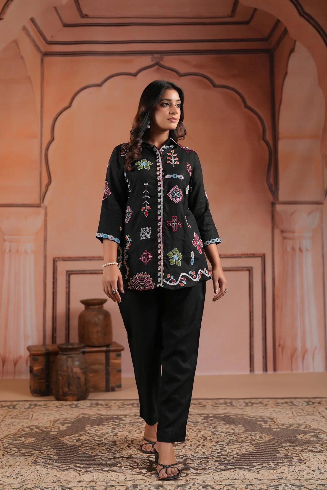 Black Cotton Collared Tunic Top With Multi Colour Embroidery And Straight Cut Pant - Image 9