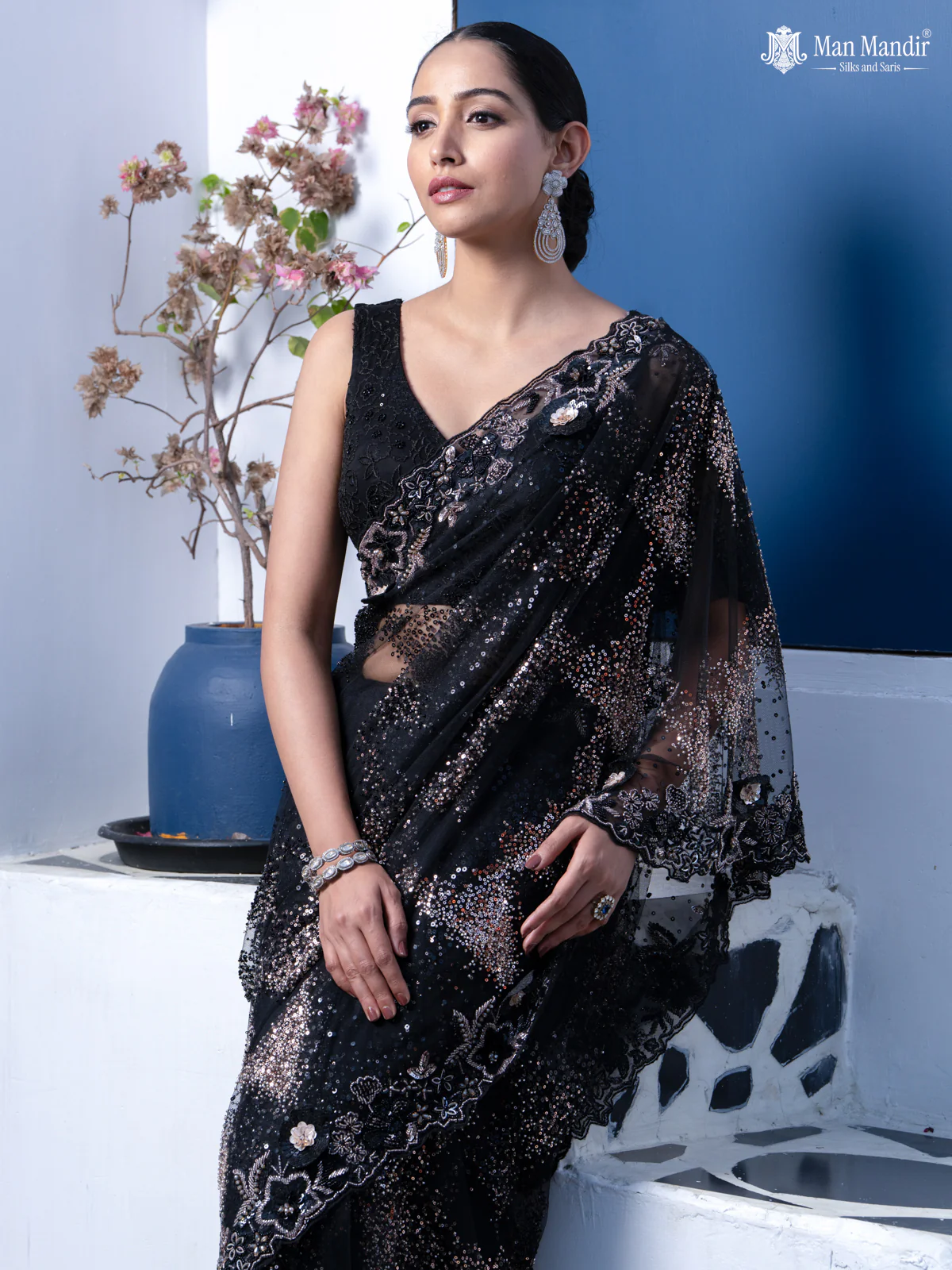 Black Sequin Embroidered Netted Designer Saree - Image 2