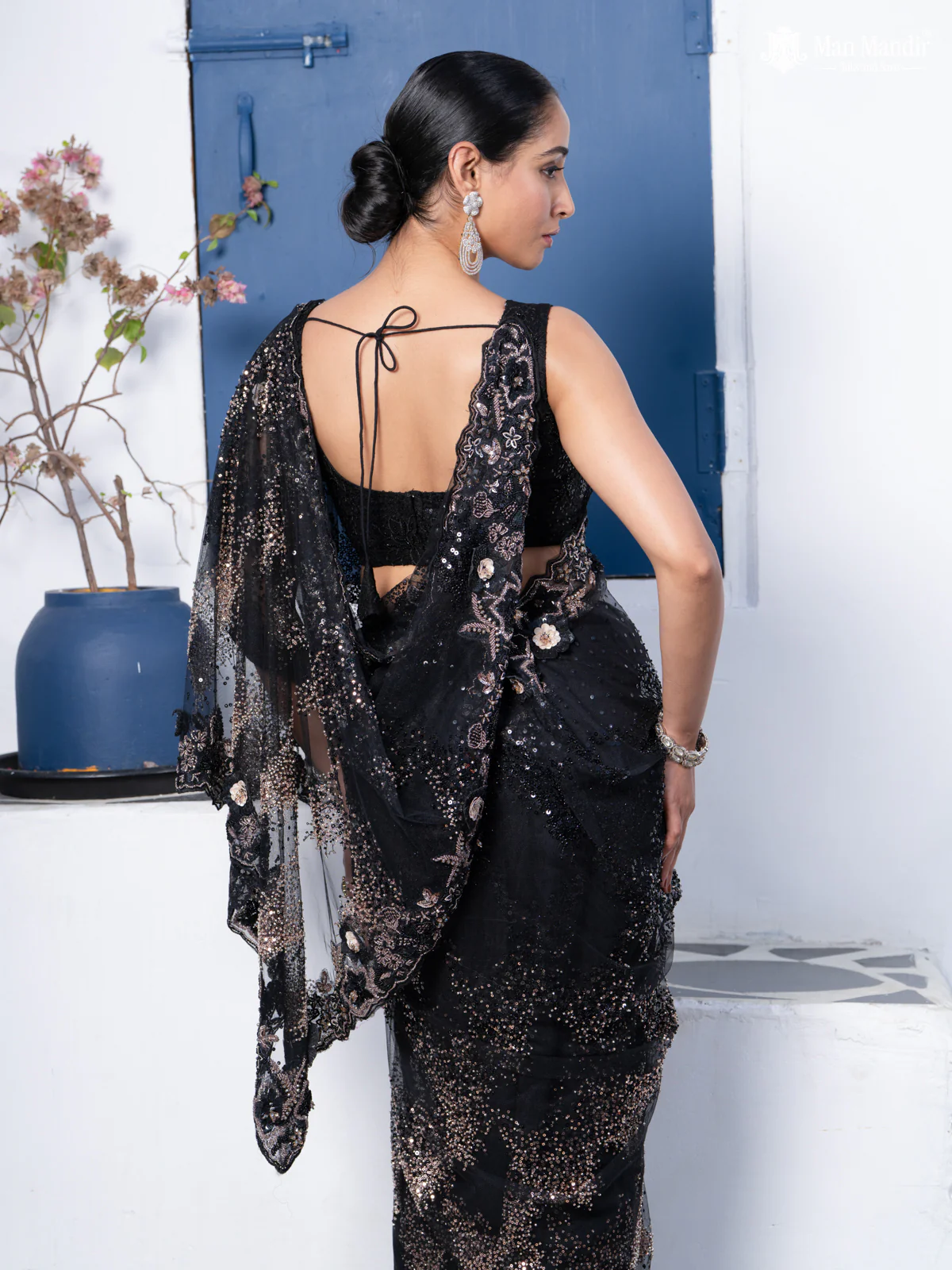 Black Sequin Embroidered Netted Designer Saree - Image 3